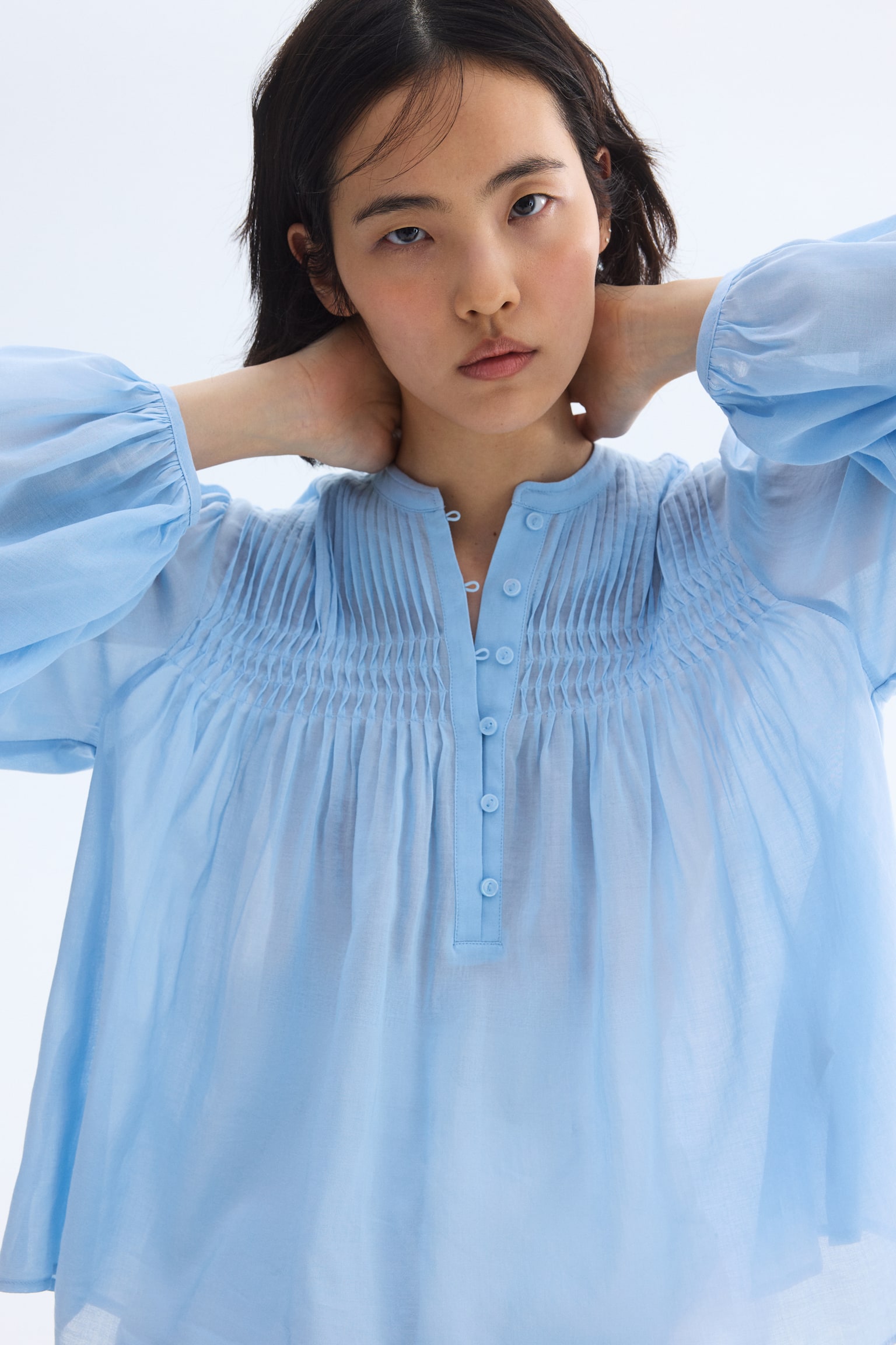 Pintucked blouse - Light blue/White - 2