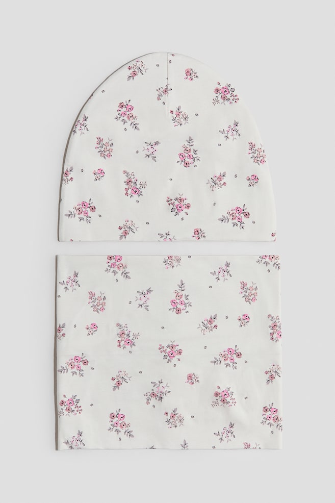 Conjunto de gorro e cachecol tubular - Bege claro/Floral/Bege/Padrão leopardo/Branco/Floral - 1
