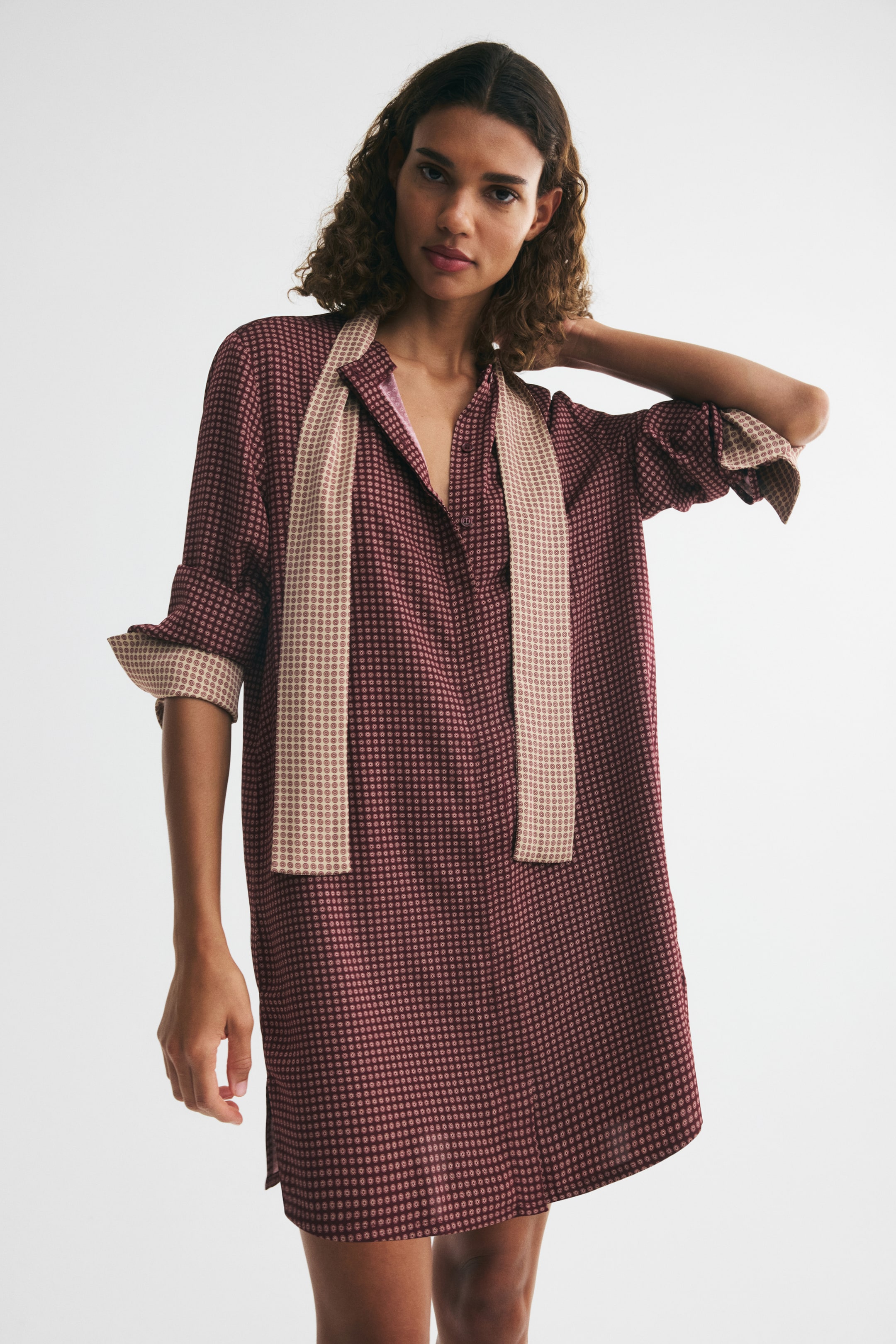 Scarf-Collar Button-Front Dress