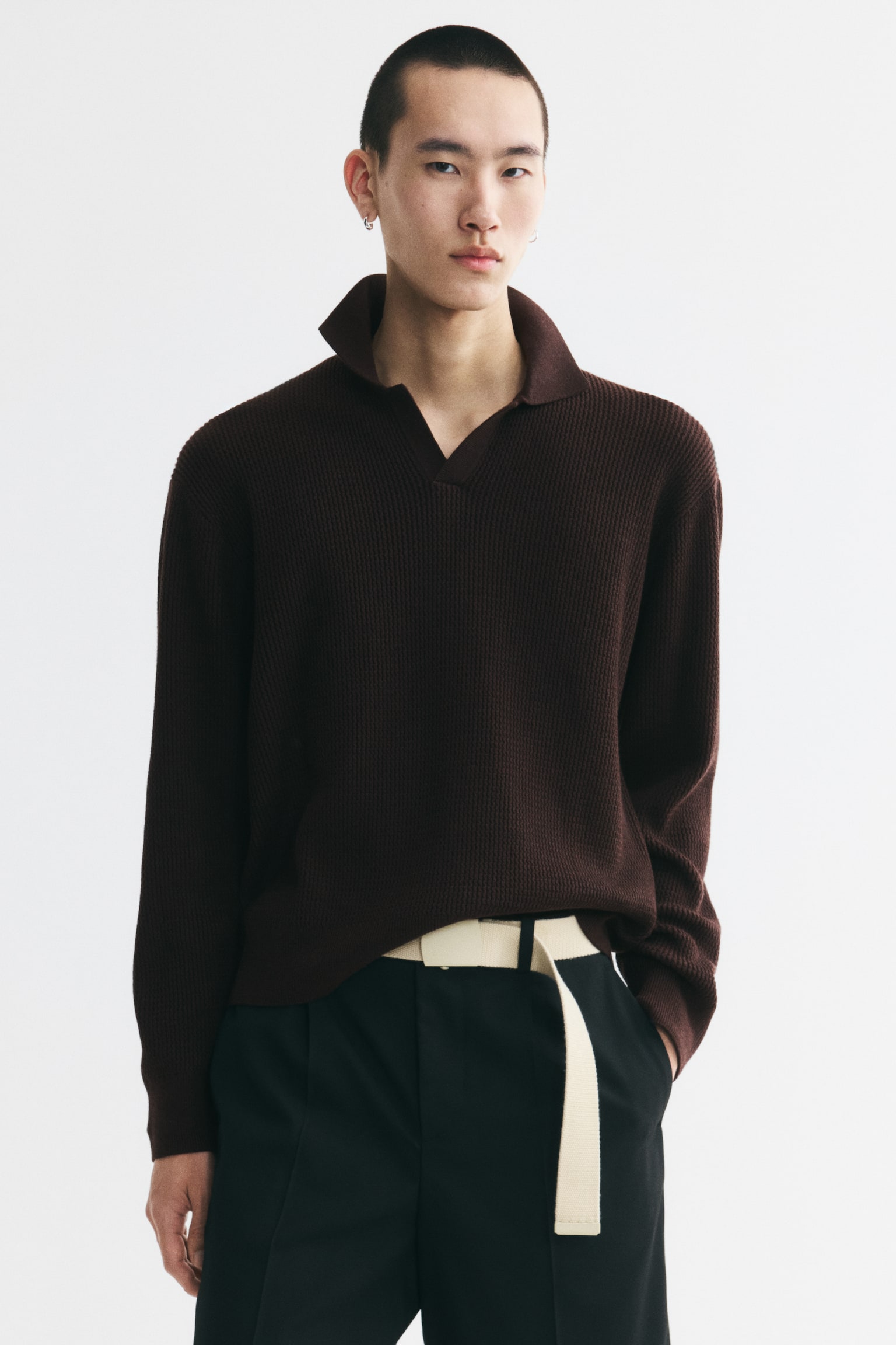 Relaxed Fit Knitted polo shirt - Dark brown/Grey marl - 1