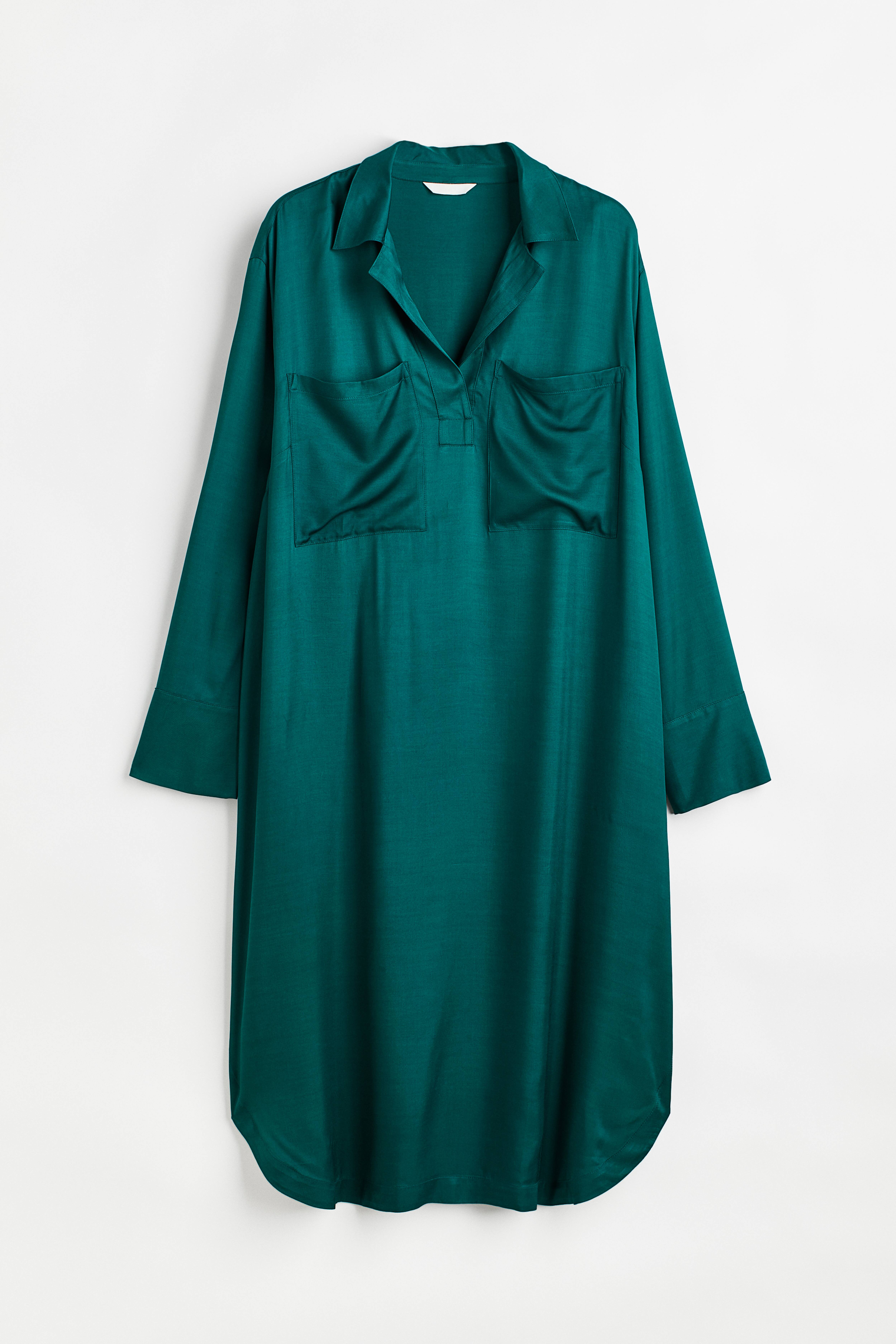 H&M+ Satin Dress - Long sleeve - Midi - Green - Ladies | H&M US