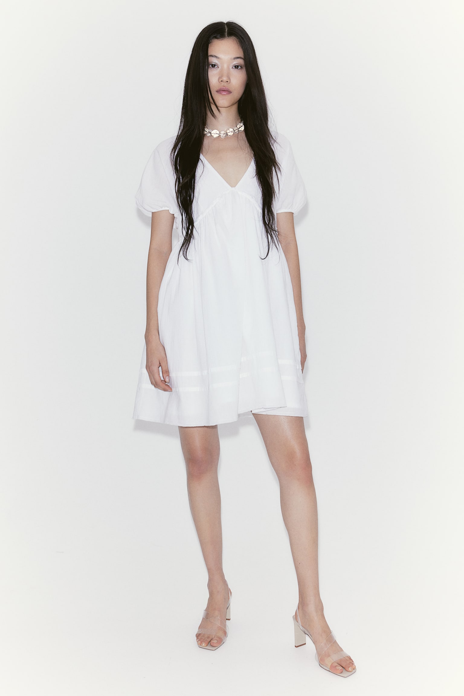 Tie-detail crinkled throw-on dress - White/Dark grey - 1