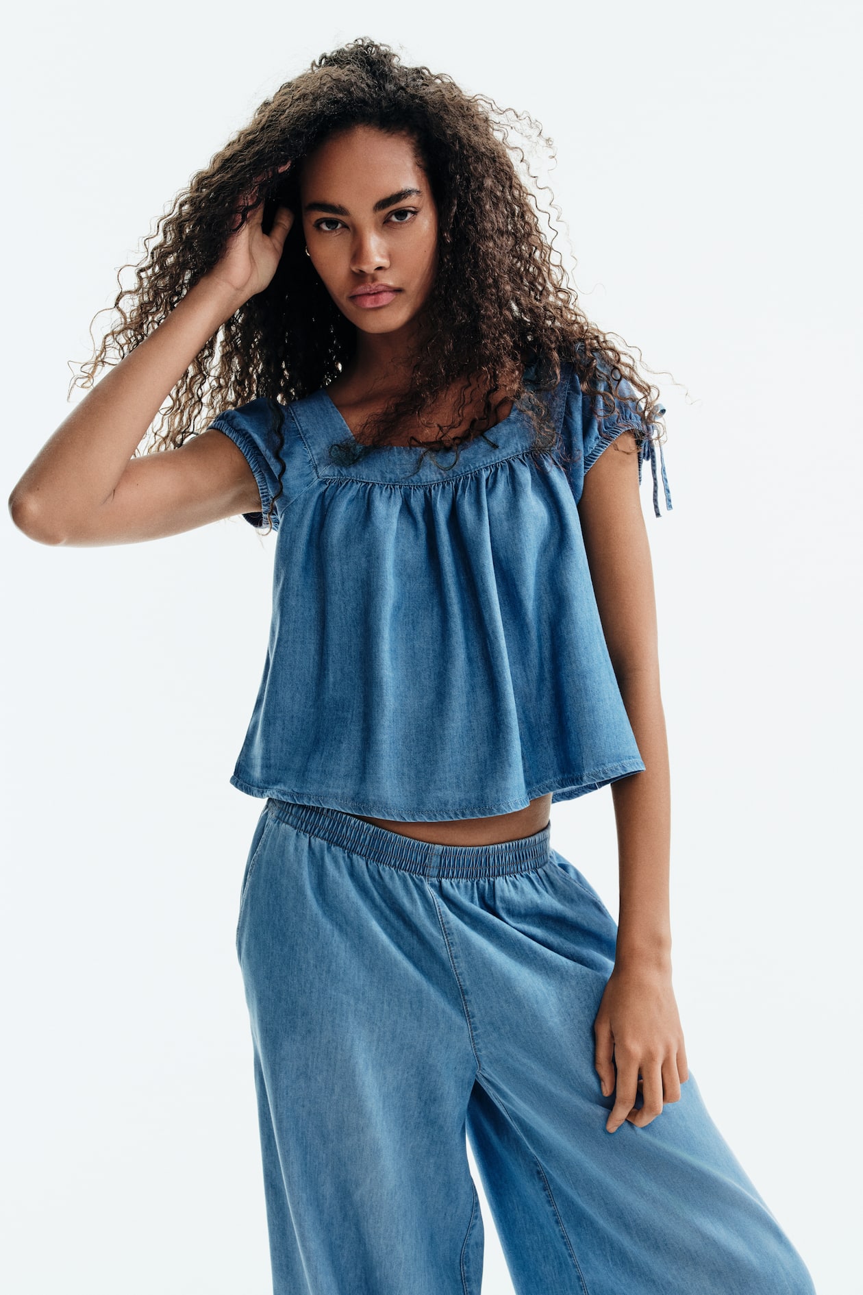 Puff-Sleeved Denim Blouse - image 2