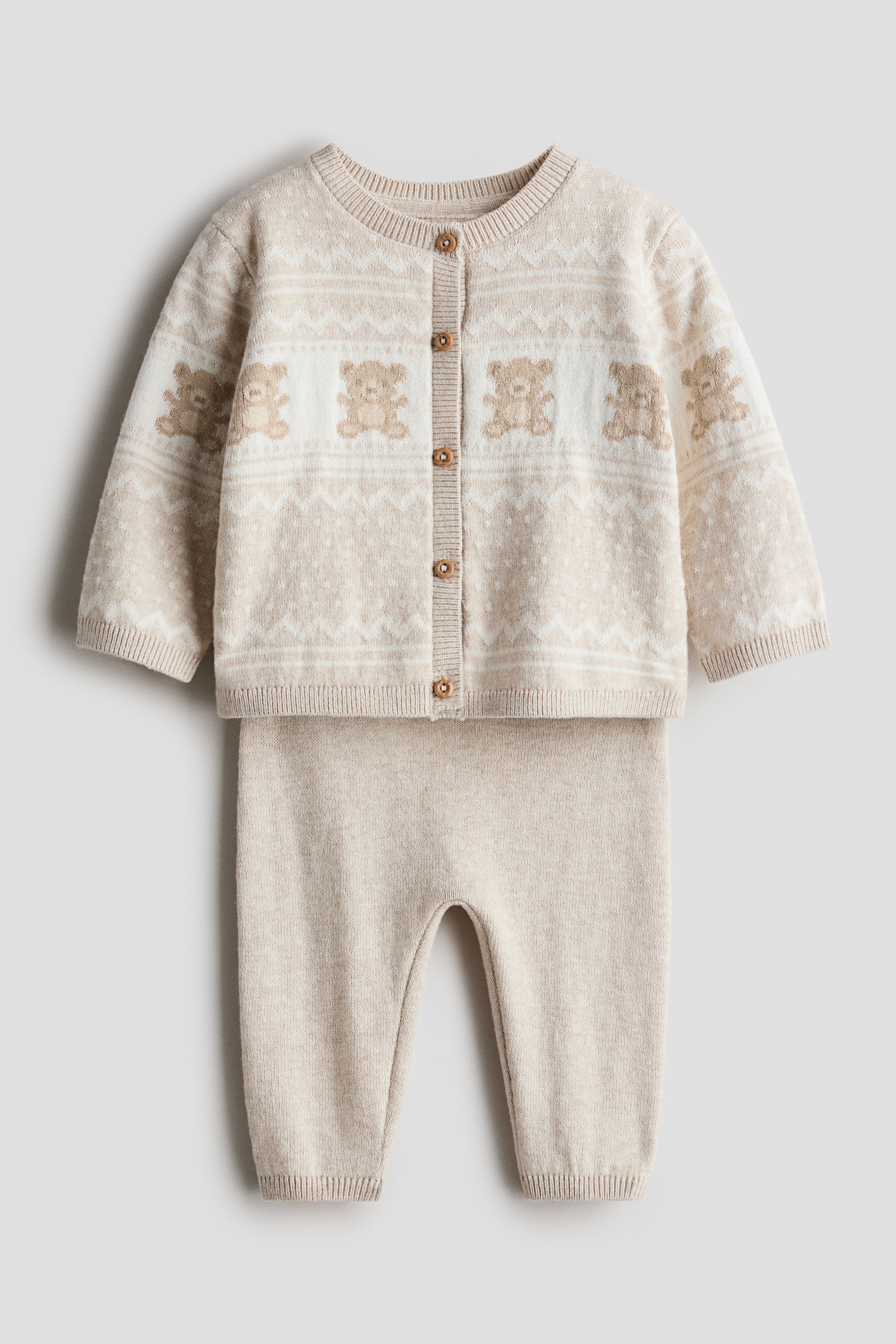 2-delige set van gebreid katoen - Lichtbeige/teddyberen