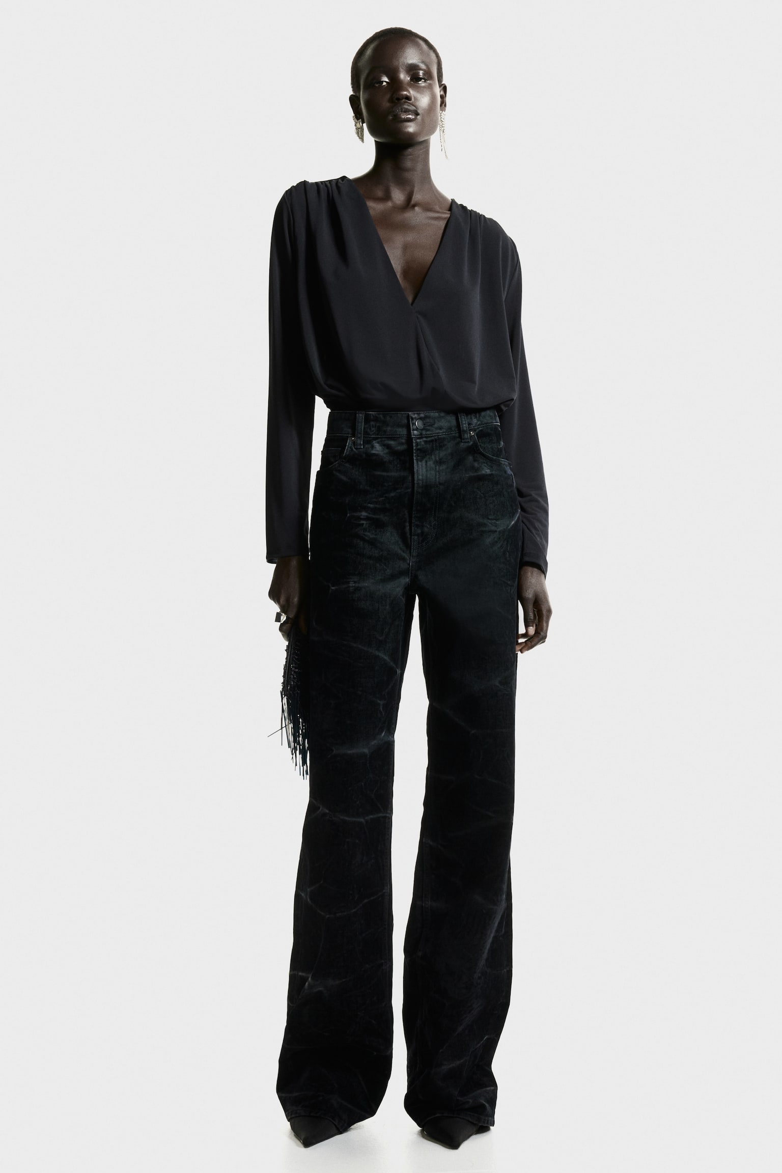 Draped V-neck thong body - Černá/Tlumená hnědá - 4