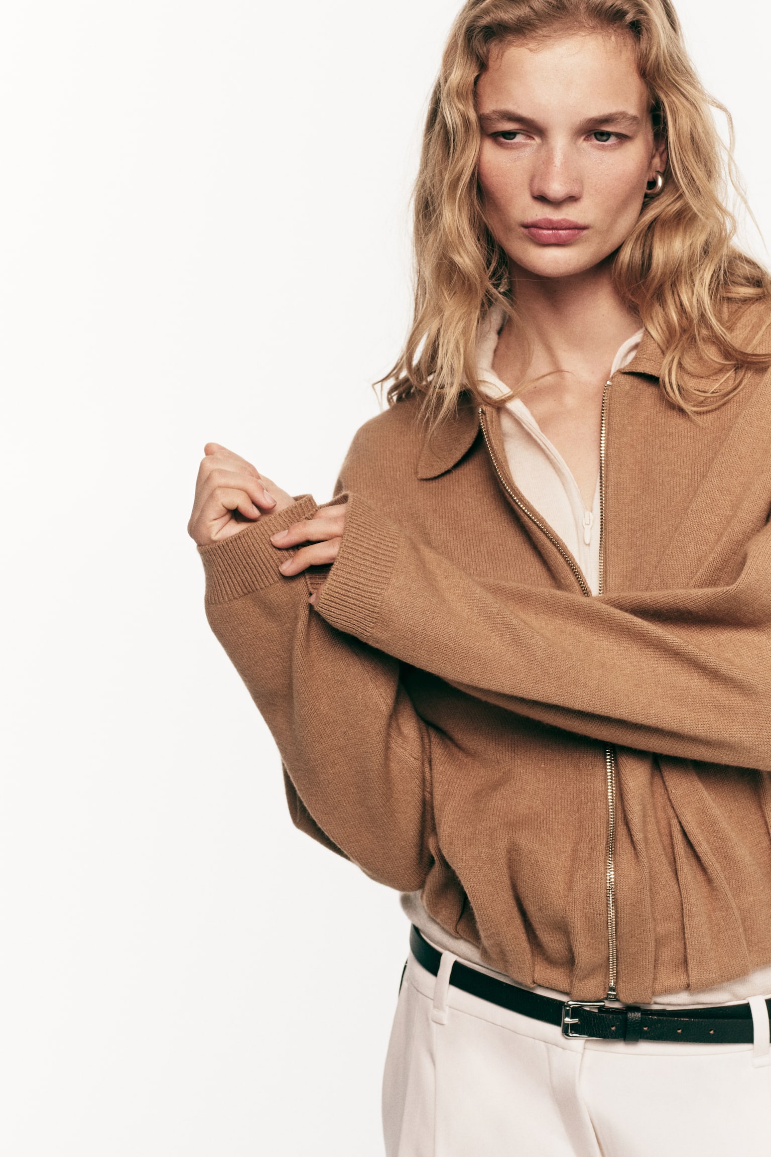 Oversized zip-through cardigan - Dark beige/Red - 1