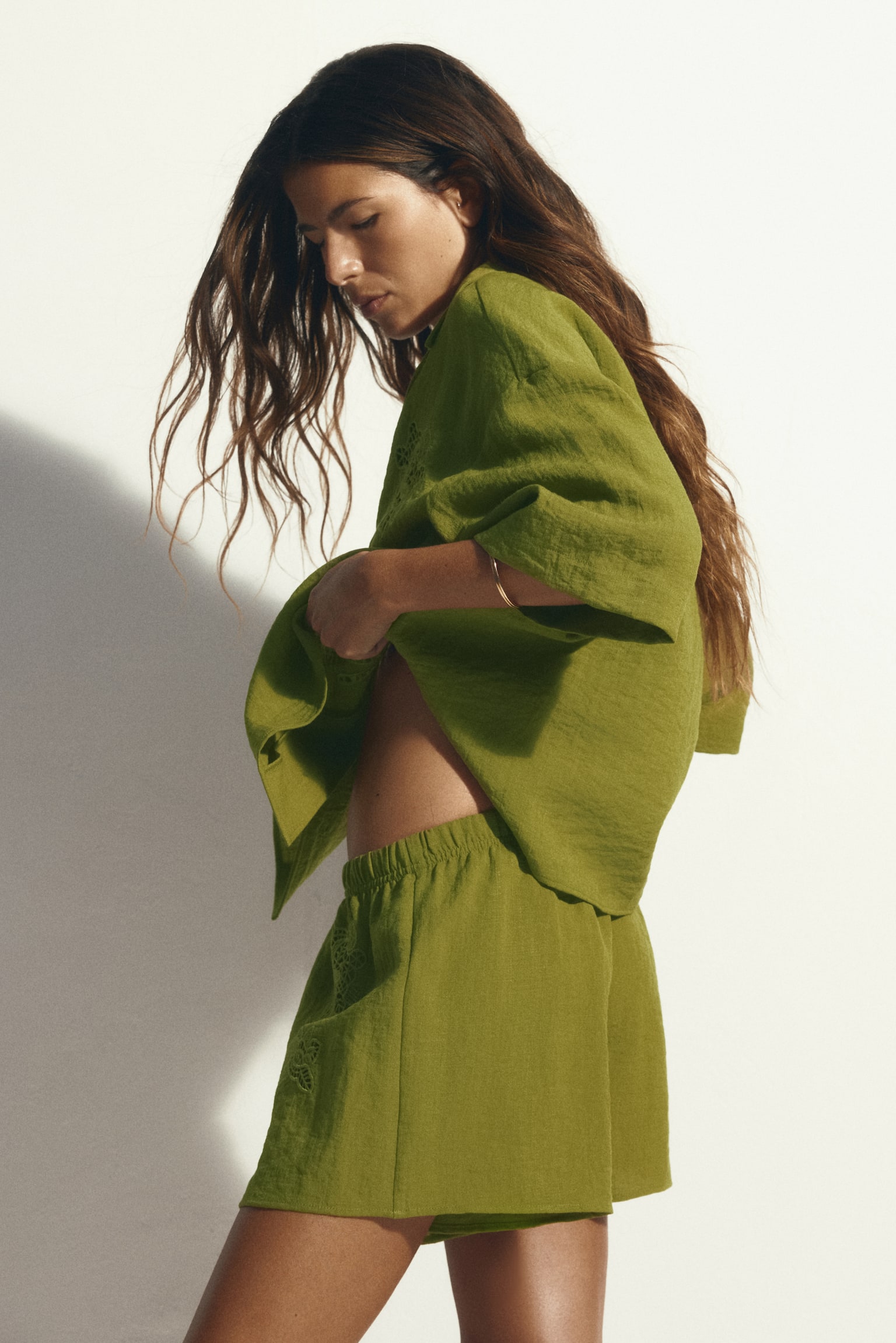 Broderie anglaise shorts - Green/Dark brown/Light yellow/Cream - 6