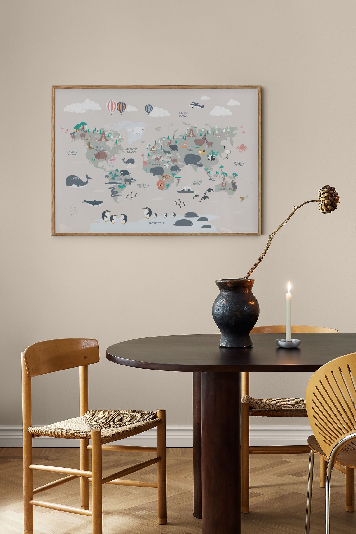 Animal World Map Beige Poster - Beige