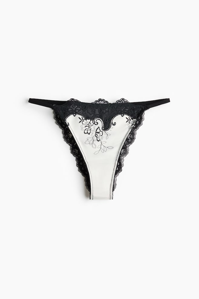Panties tanga Brazilian de satín - Blanco/Flores/Verde caqui/Flores - 1