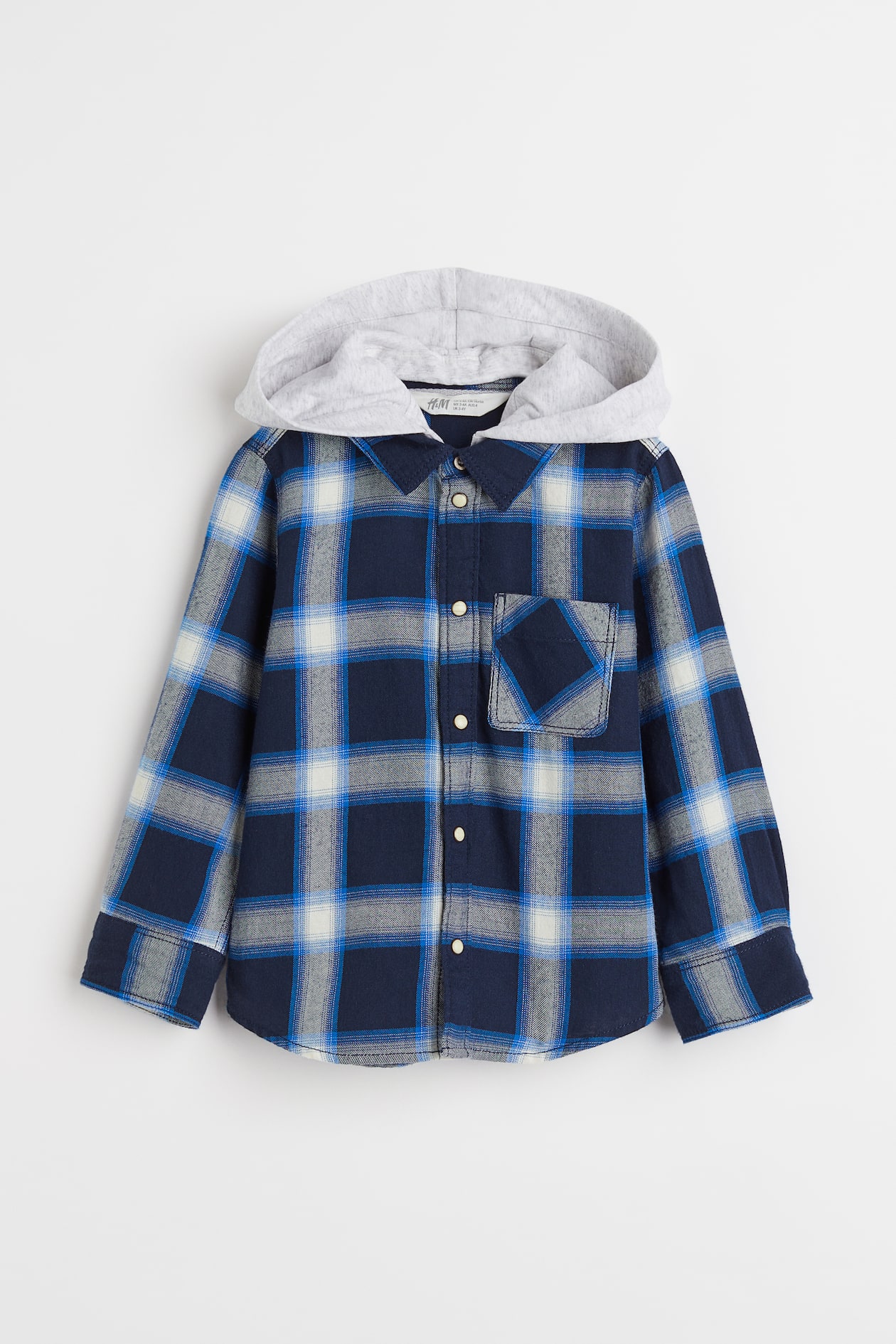 Hooded Cotton Shirt - Long sleeve - Regular length - Navy blue/plaid ...