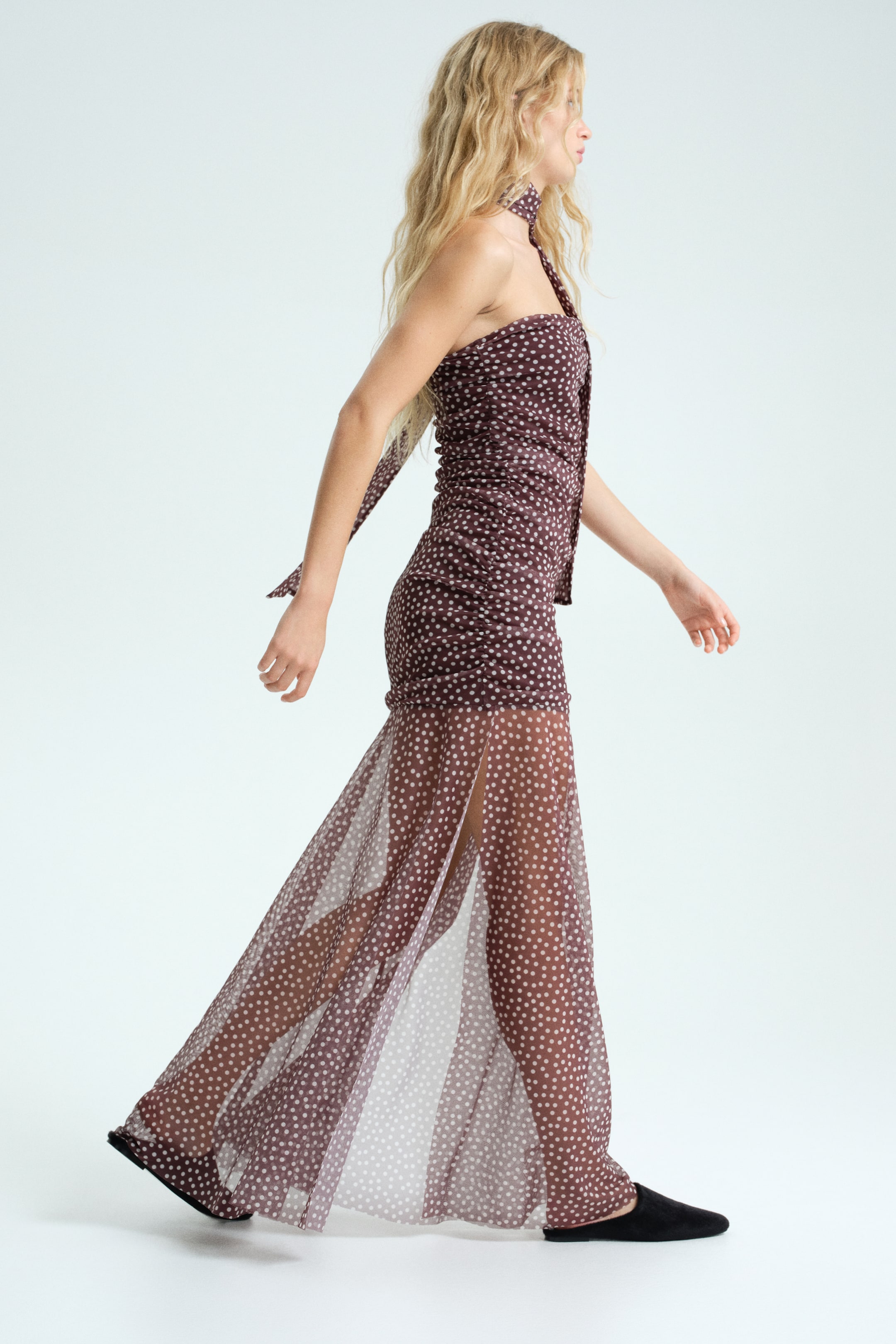 Ver imagem maior: Vestido drapeado em mesh - Castanho escuro/Bolas - SENHORA | H&M PT 4