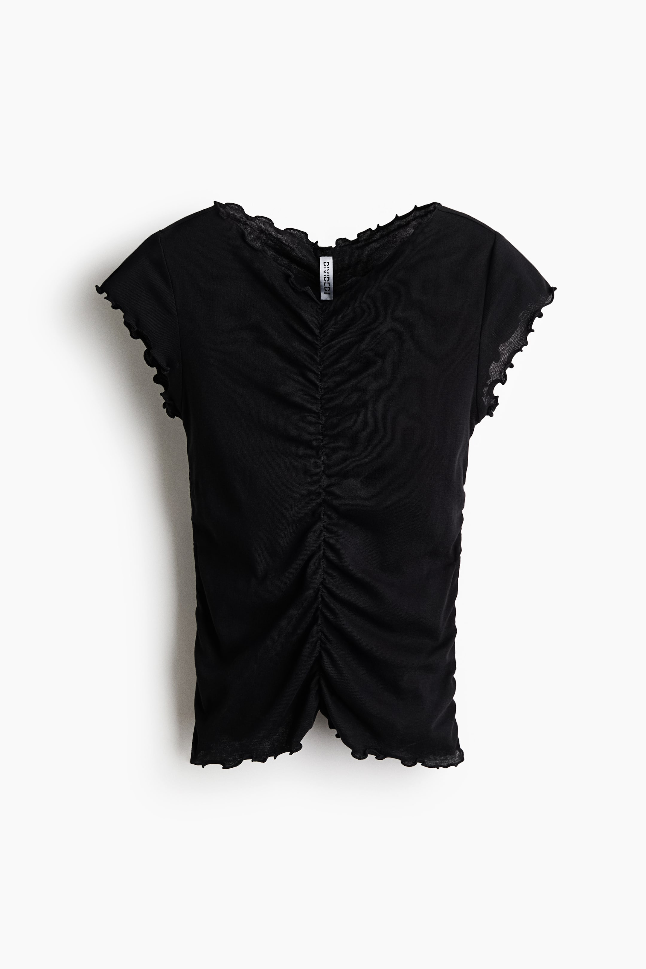 View larger image: A black short-sleeved top is showcased facing BACK, featuring prominent vertical ruching down its center. The top includes lettuce-edge trim along the V-shaped back neckline, short sleeve hems, and bottom hem.