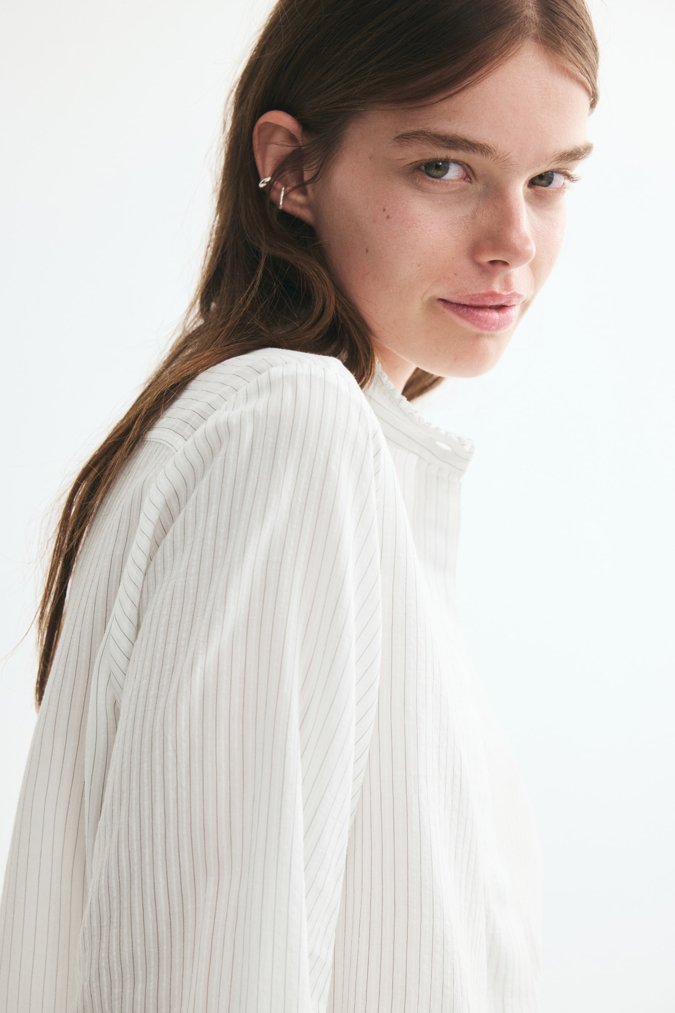 Ruffle-Trimmed Stand-Up Collar Shirt