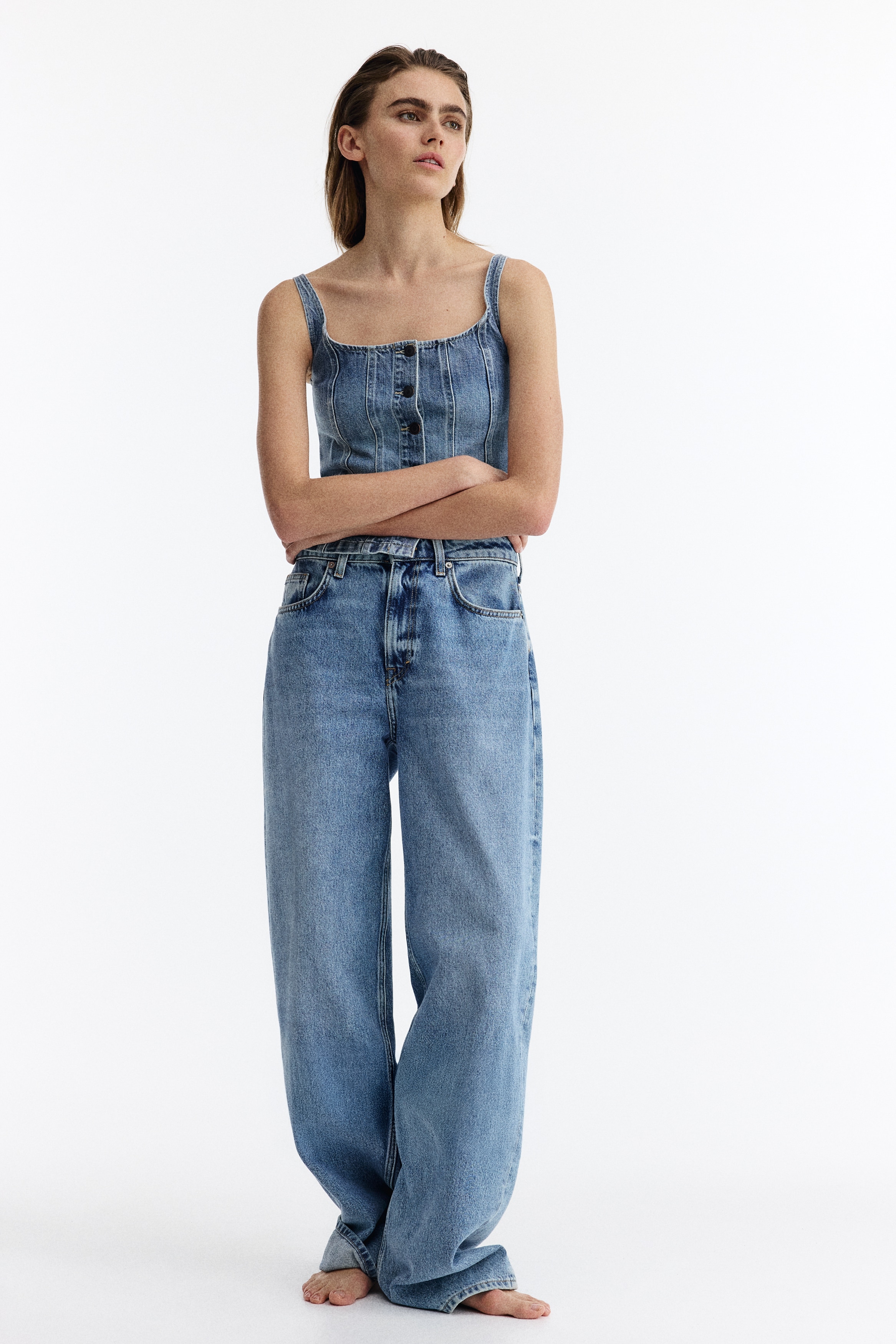 Τζιν τοπ με κουμπιά μπροστά - Μπλε denim/Ανοιχτό μπλε denim