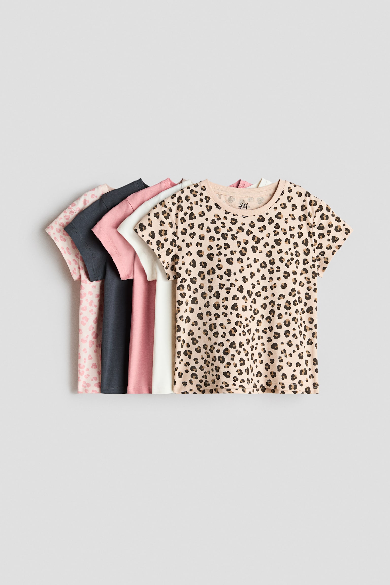 5er-Pack T-Shirts - Dunkelgrau/Leopardenmuster/Helllila/Hellgrün/Hellrosa/Hellgrün/Gelb/Hellrosa/Kirschen/Rosa/Weiß/Beige/Lila/Beige/Grün/Weiß/Polka Dots