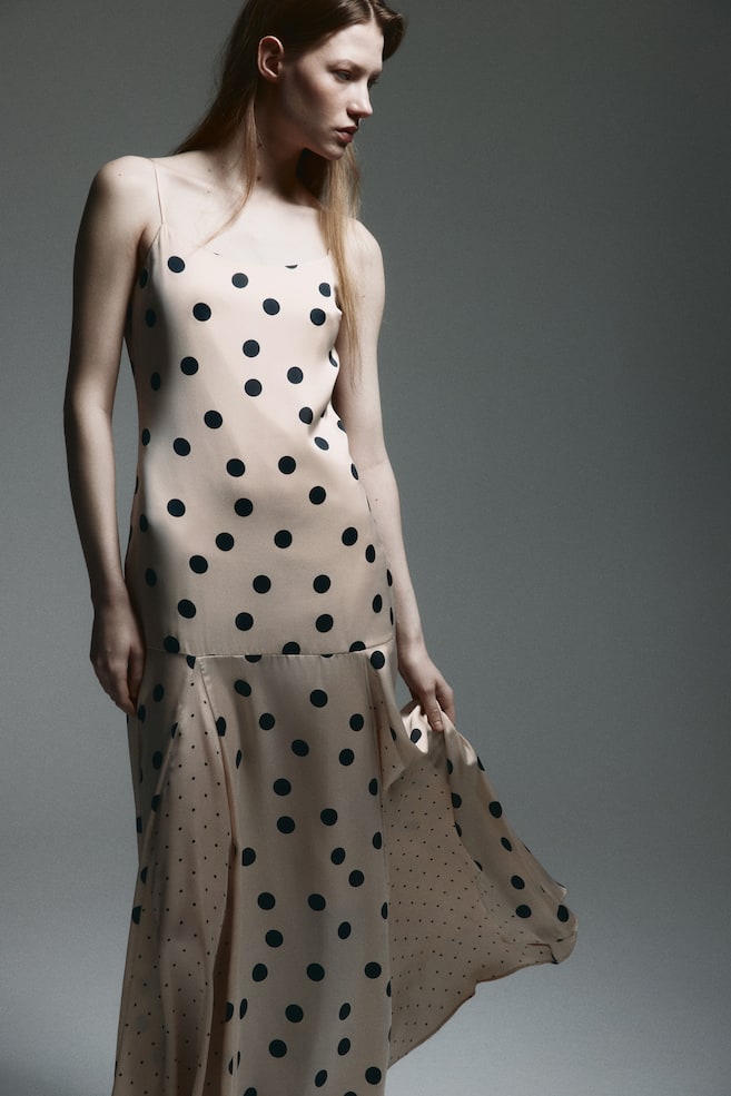 Flared-Skirt Satin Dress - Light beige/dotted - 4