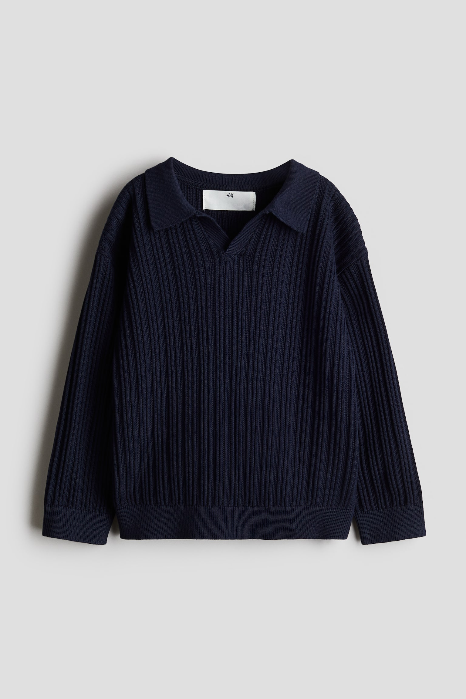 Rib-knit cotton polo jumper - Navy blue/White - 1