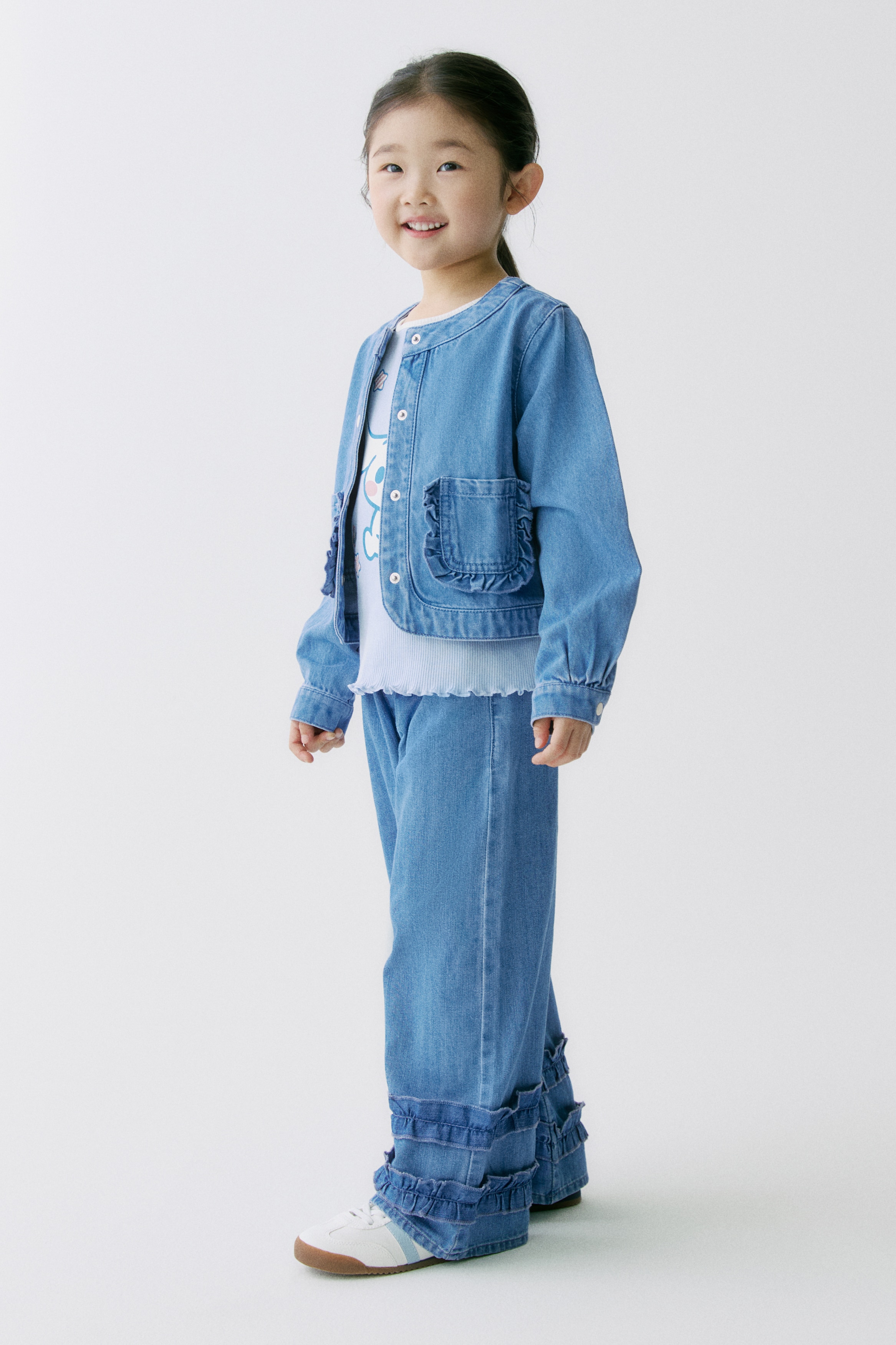 Quần dài denim viền diềm nhún - Màu xanh denim