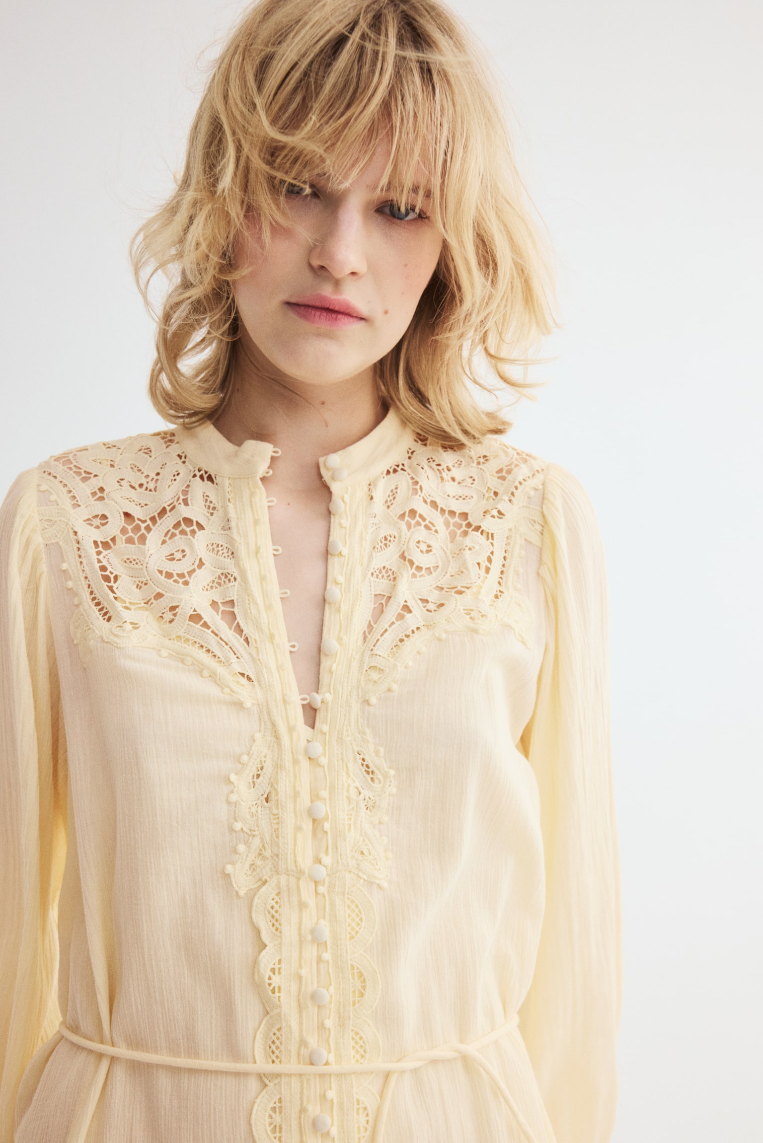 Lace-detail cotton dress - Light yellow/Light pink/Light turquoise/Light peach pink/Dark brown/Cream - 1