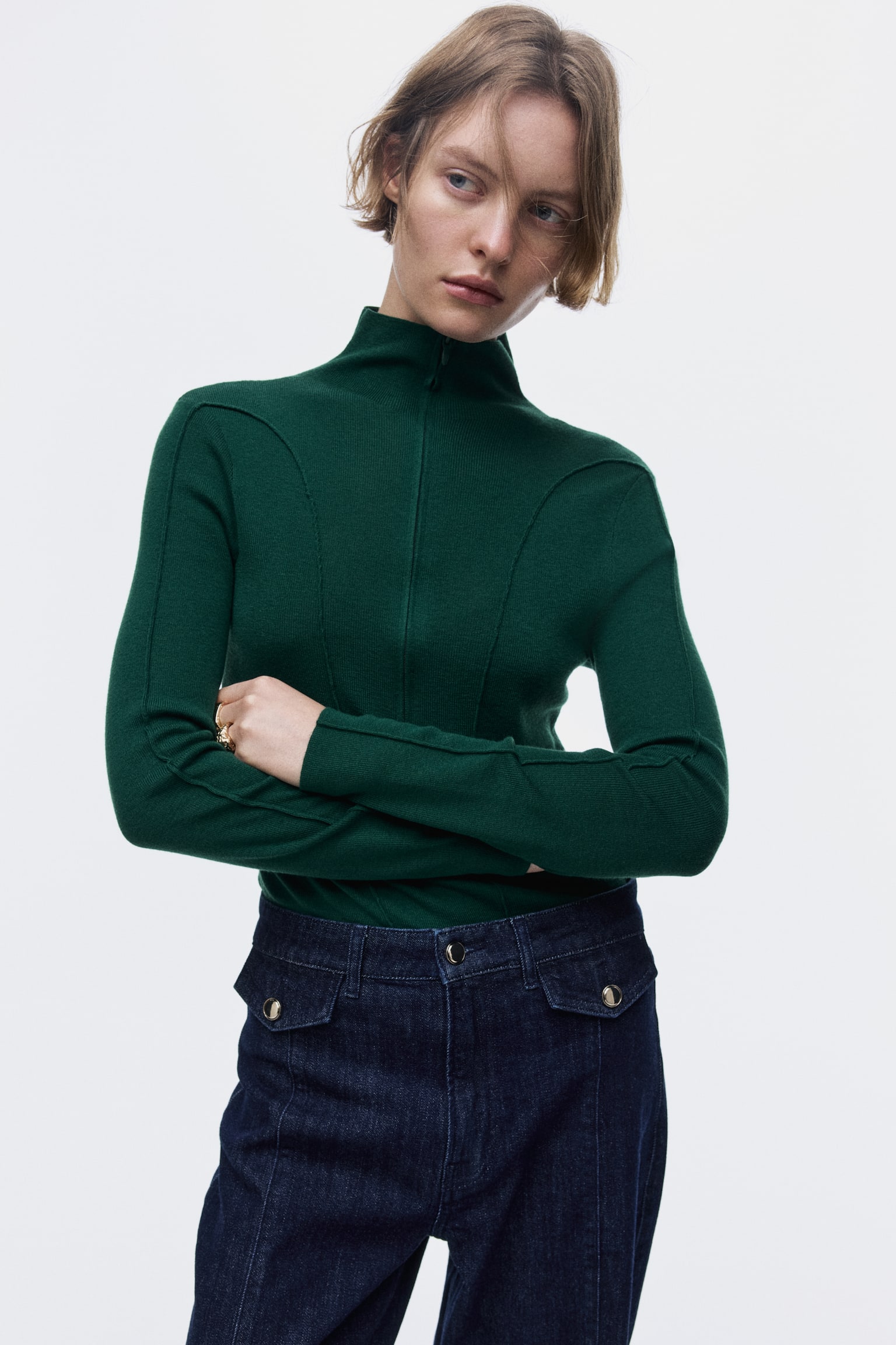 Женский топ H&M Half-Zip Mock Turtleneck Top, цвет: Тёмный зелёный — фото 4