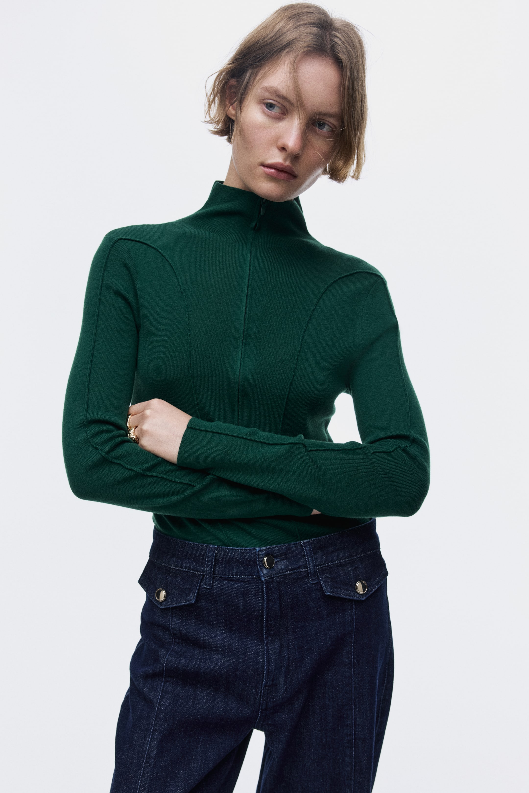 Ampliar la imagen: Top de cuello alto con zíper - Verde oscuro - Ladies | H&M MX 3