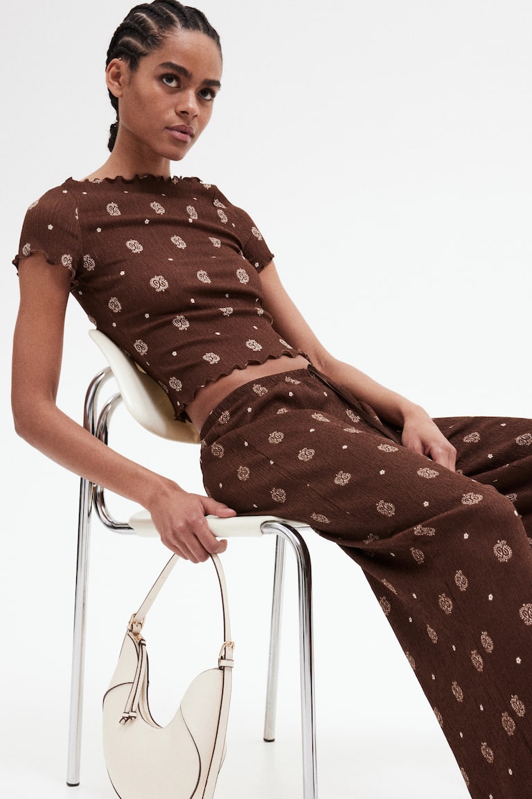 Pantaloni goffrati con coulisse Marrone scuro/fantasia DONNA