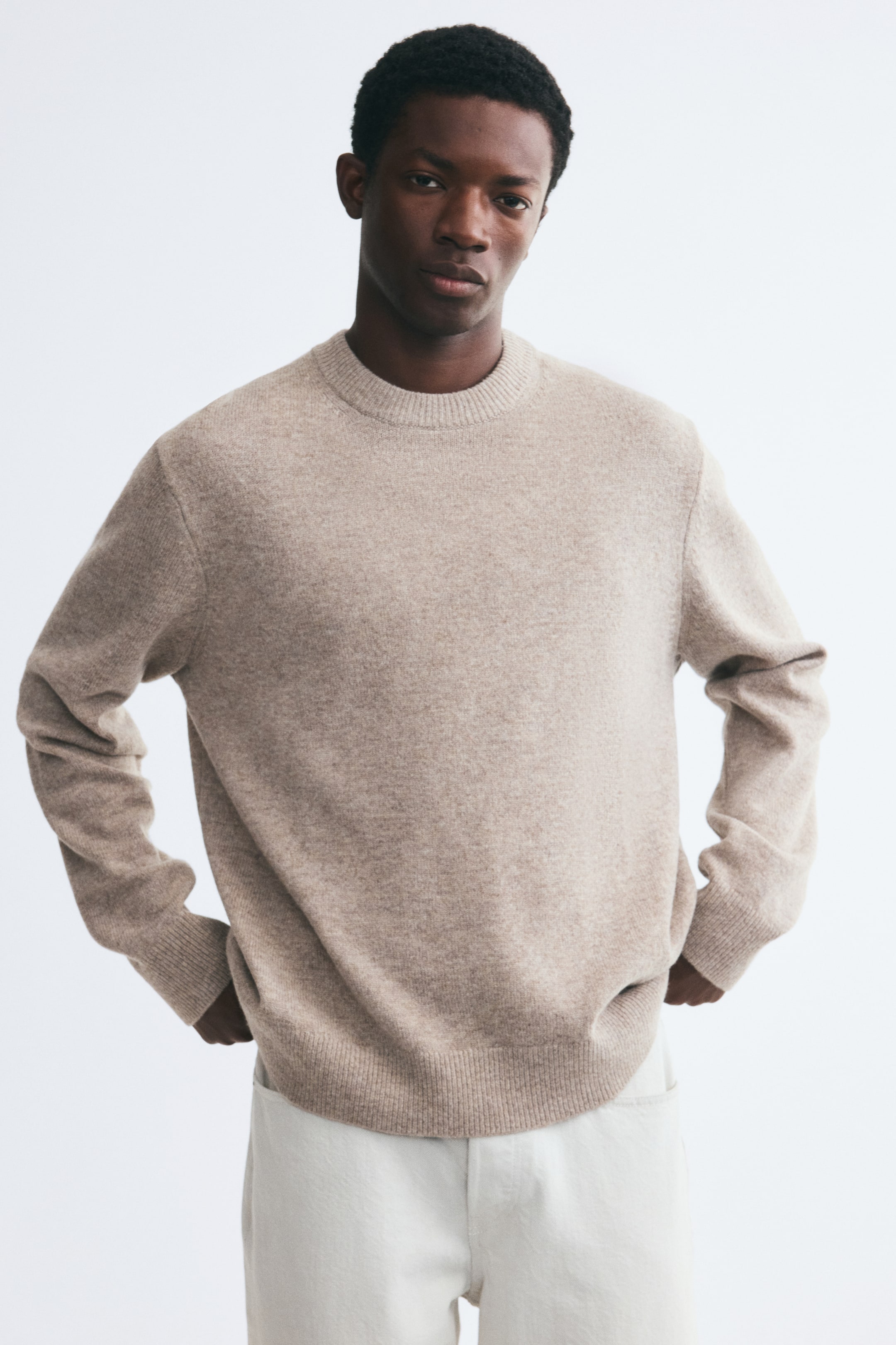 Größeres Bild anzeigen: Ein hellbeiger, gestrickter Wollpullover mit rundem, geripptem Ausschnitt, langen Ärmeln und geripptem Saum wird vom Model getragen. Das Model posiert mit hinter dem Rücken platzierten Händen und kombiniert den Pullover mit hellen Hosen.