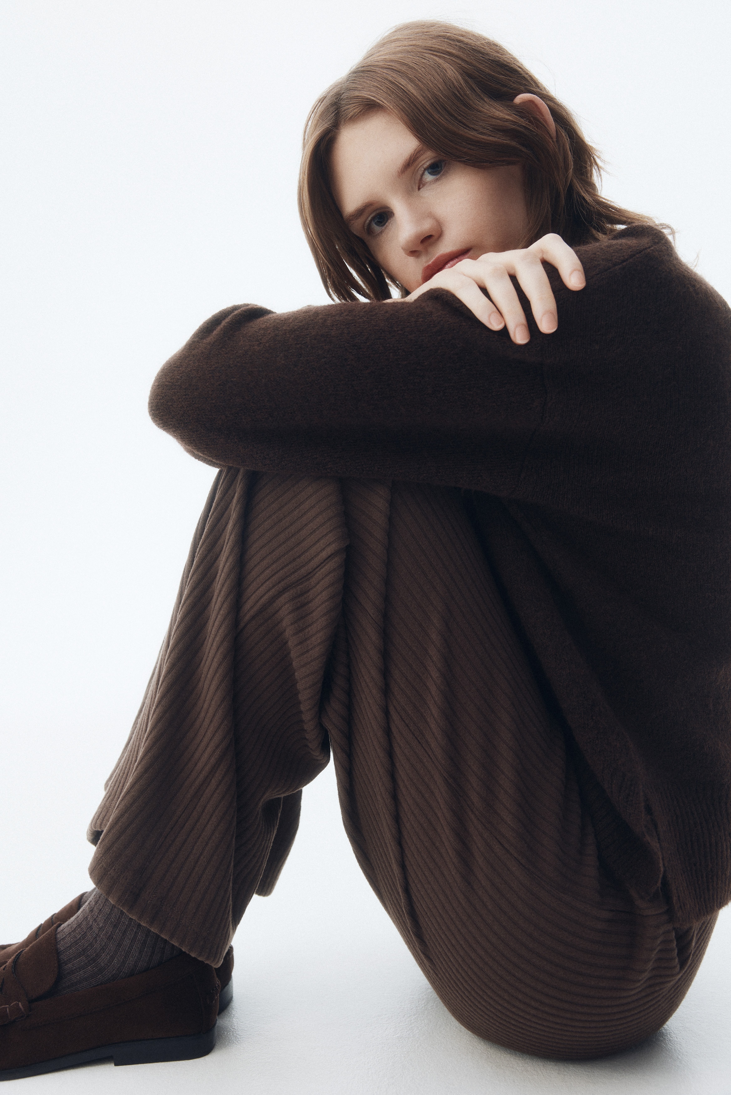 H & M - リブニットワイドパンツ - ブラウン