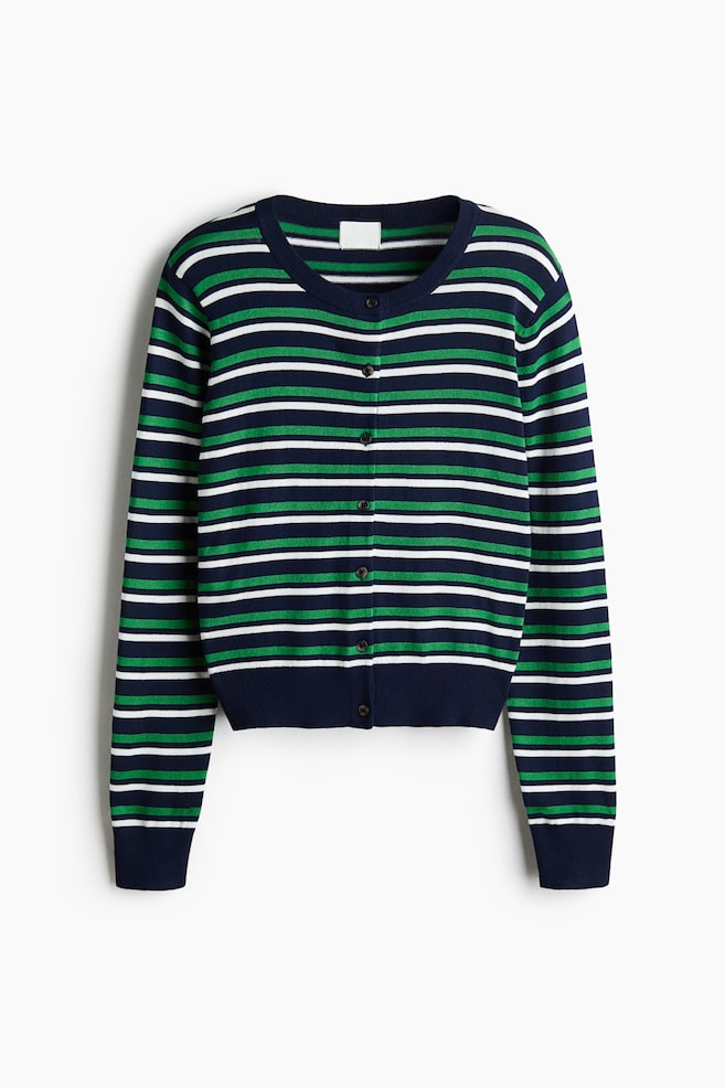 A knit cardigan is shown from the front, displaying horizontal stripes in navy blue, green, and white. It is featuring a round, rib-trimmed neckline, small dark buttons down the front, and long sleeves with ribbed cuffs and a ribbed hem. - 1