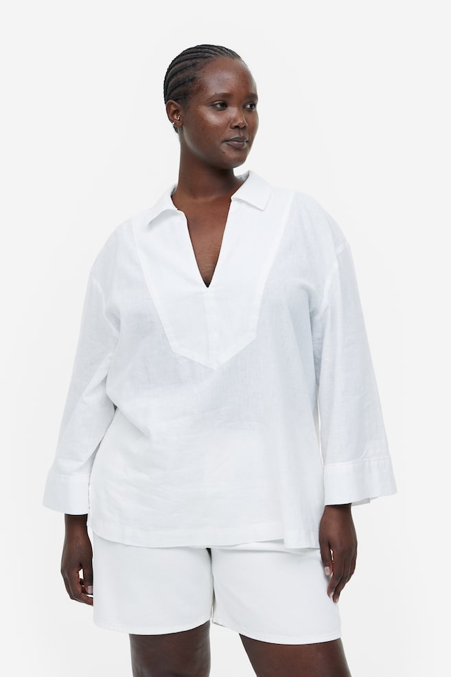 Linen-blend popover shirt - White/Black - 4