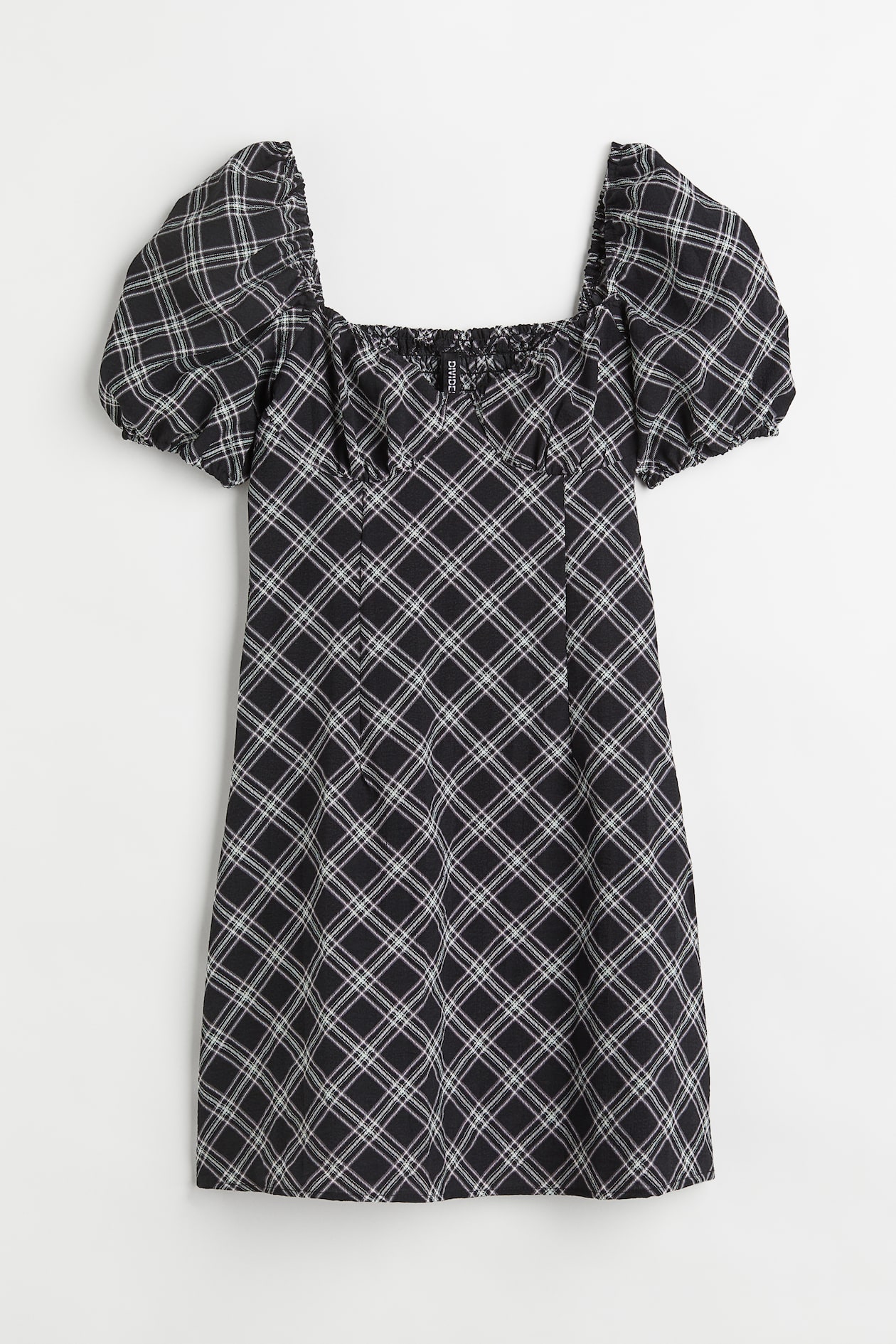 Women's Black/Checked Puff-sleeved crpe dress | H&M