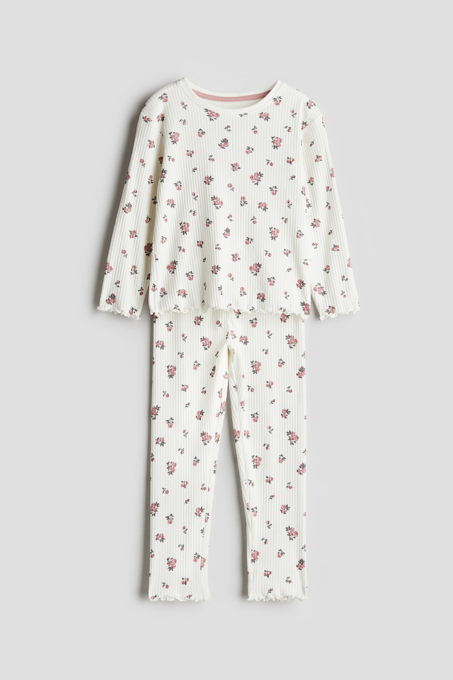 Ribbed cotton pyjamas - White/Floral/Pink - 1