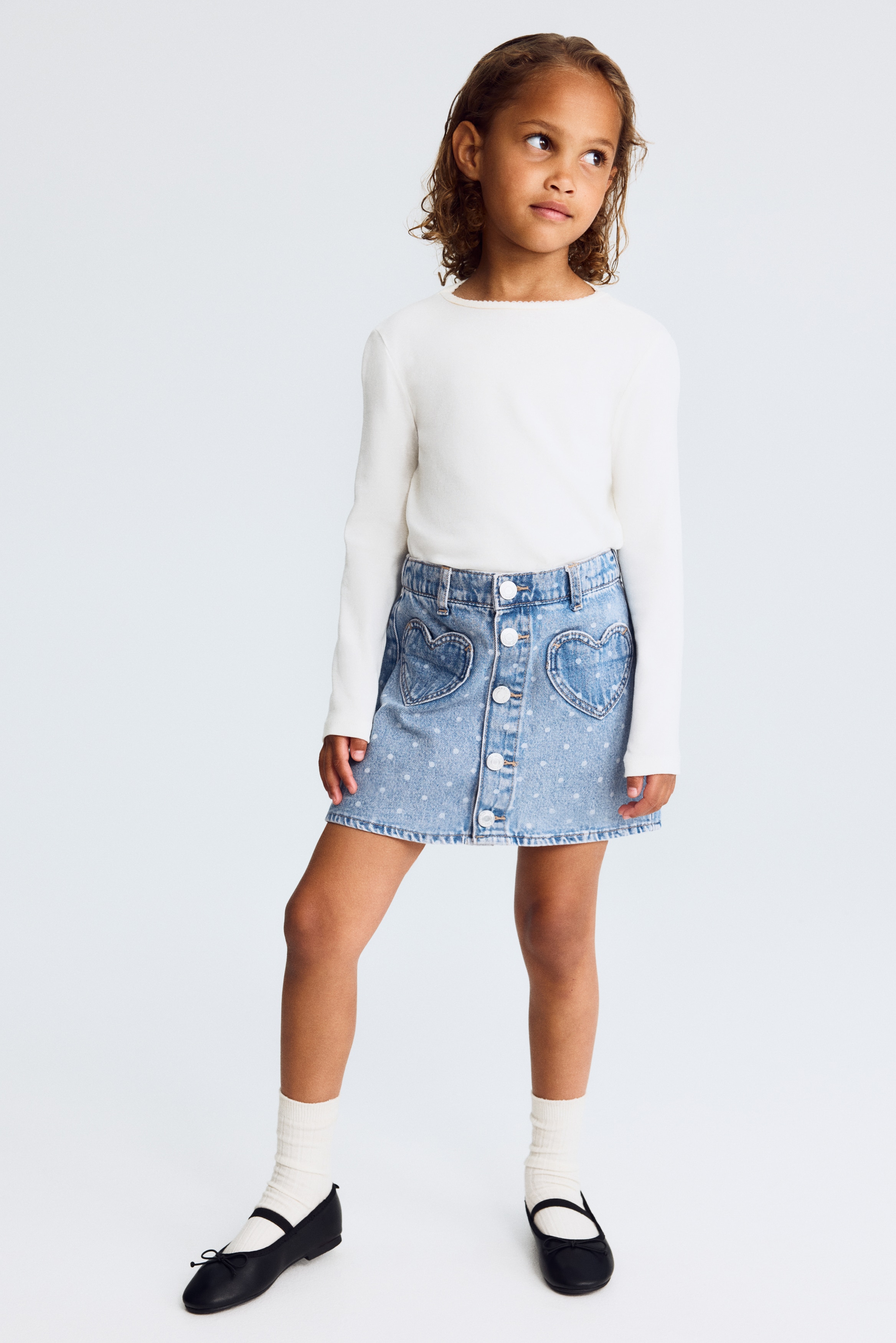 Light denim blue/hearts A-Line Denim Skirt for kids | H&M US