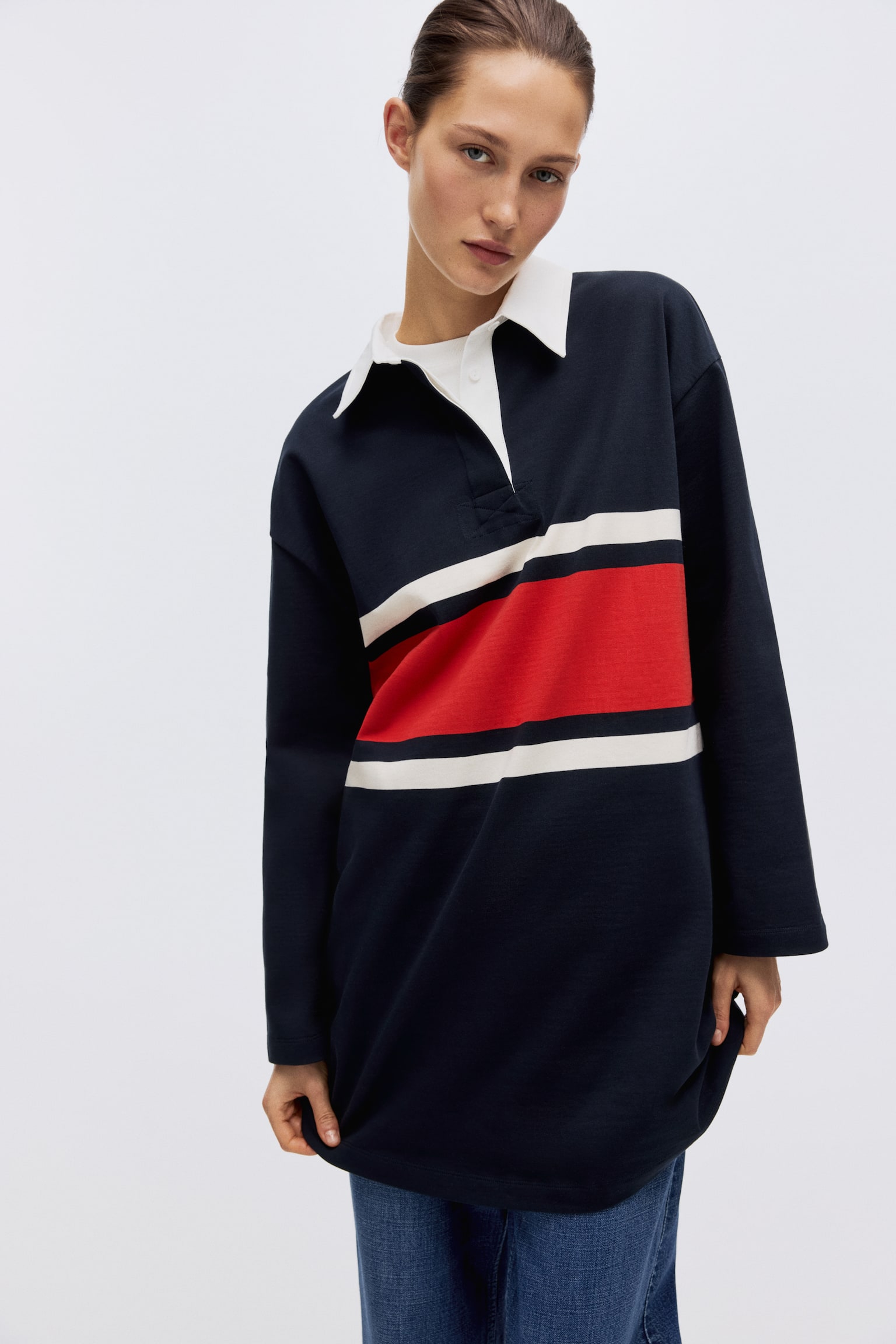 Женская рубашка H&M Long Rugby Shirt, цвет: Тёмно-синий / Полосатый — фото 3