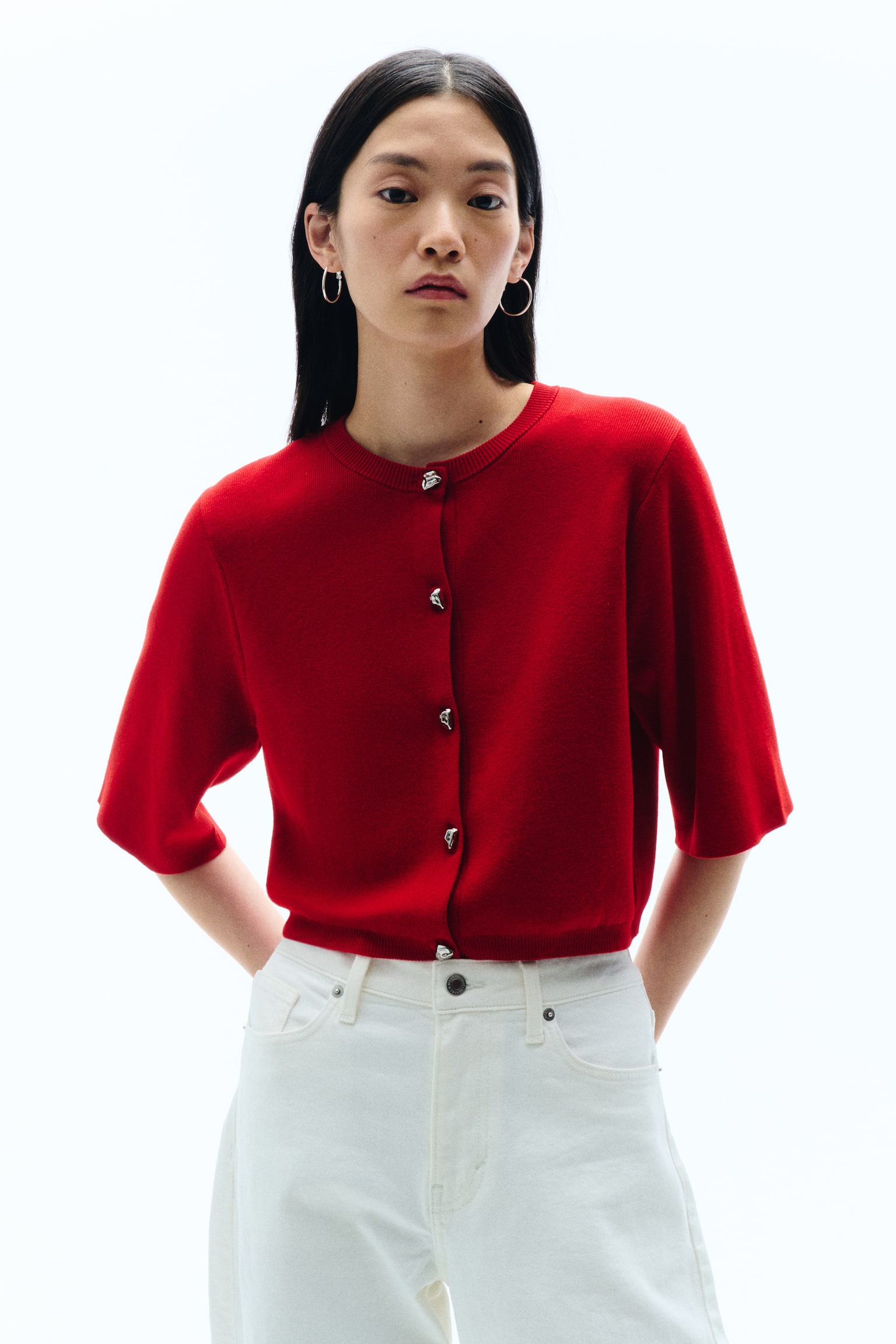 Áo cardigan ngắn - Màu đỏ/Màu trắng - 2