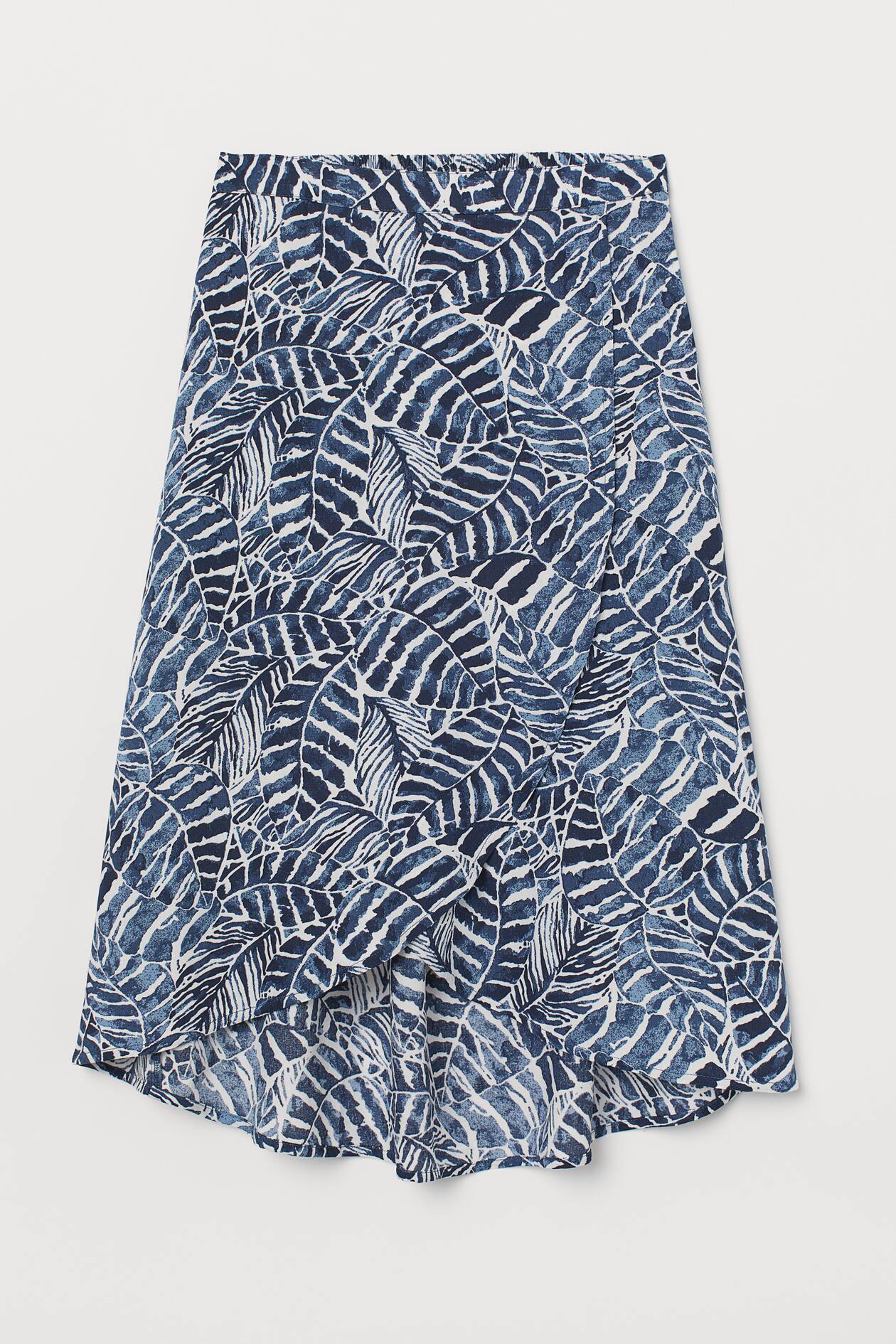 Patterned wrapover skirt - High waist - Midi - Dark blue/Leaf print ...