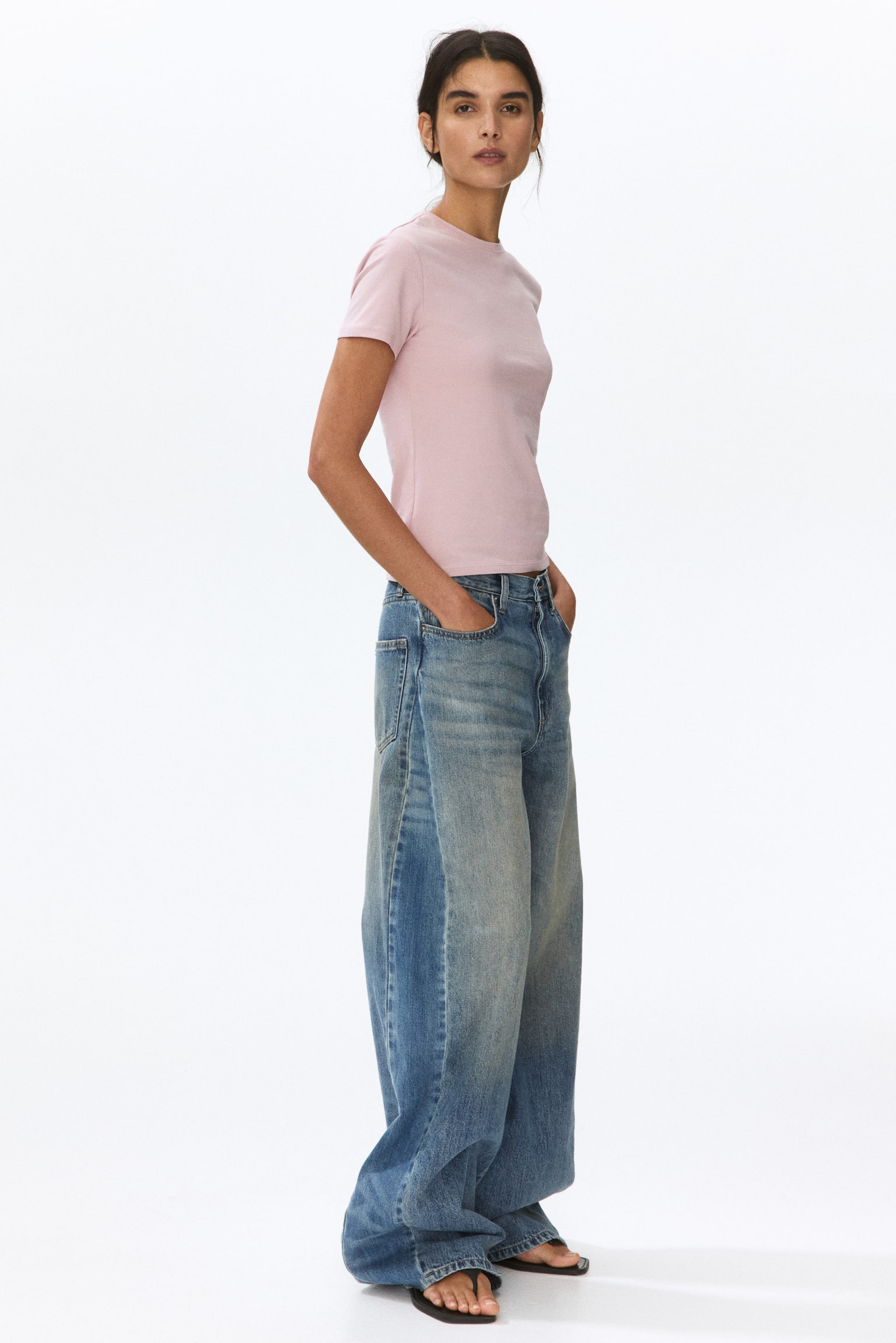 Fitted cotton-blend T-shirt - Light dusty pink/White/Black/Dark brown - 1