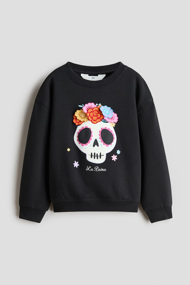 Brushed-Inside Sweatshirt with Printed Motif - Black/La Reina - 1