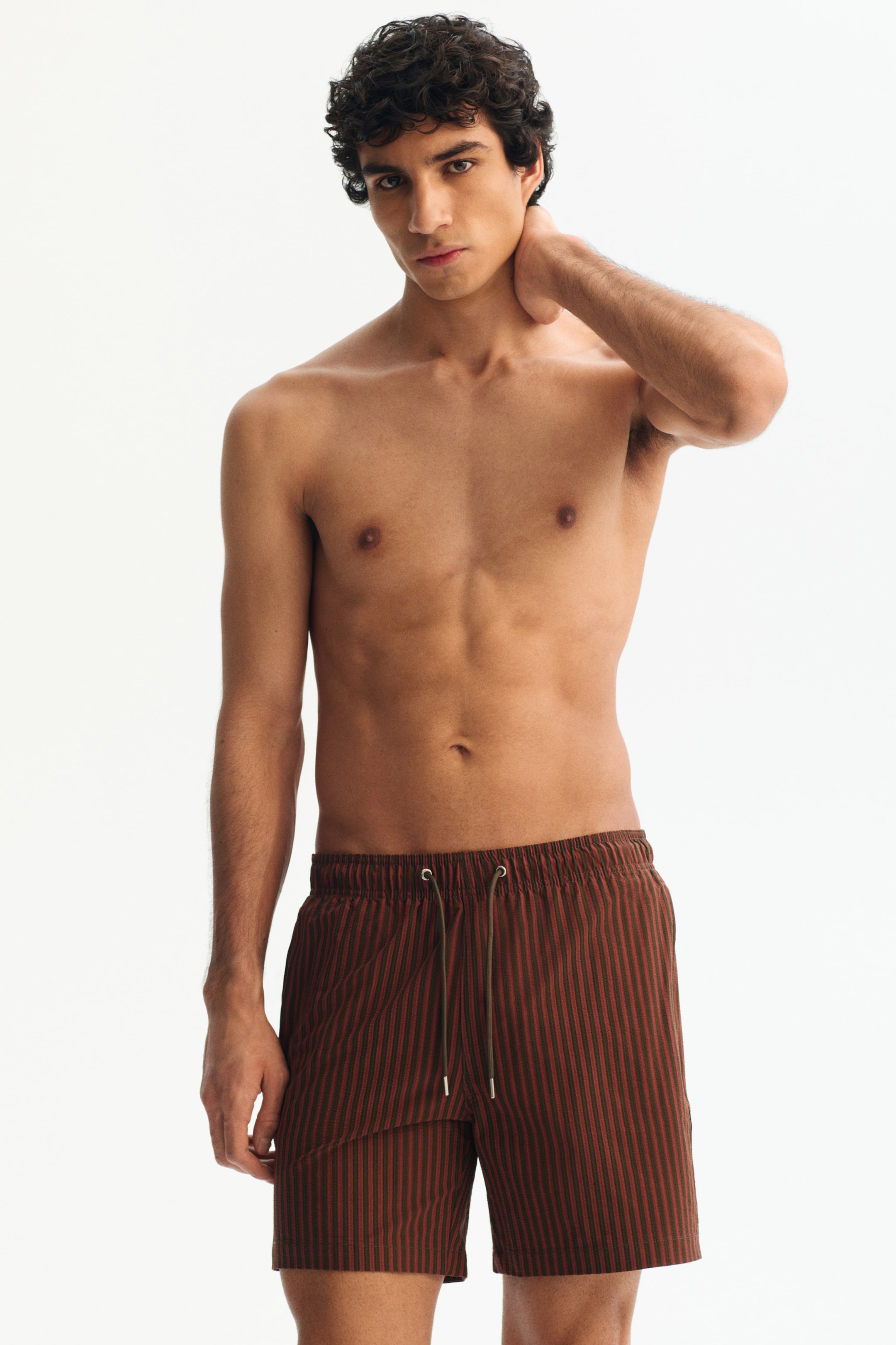 Ampliar la imagen: Los shorts de baño presentan una base marrón con finas rayas verticales marrón rojizo, presentados desde un ángulo frontal. Están diseñados con una pretina elástica y un cordón verde oliva, asegurado con terminales plateados, visibles en el centro frontal.