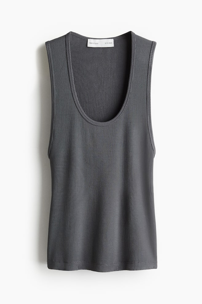 Ribbed viscose vest top - Dark grey/Cream - 1