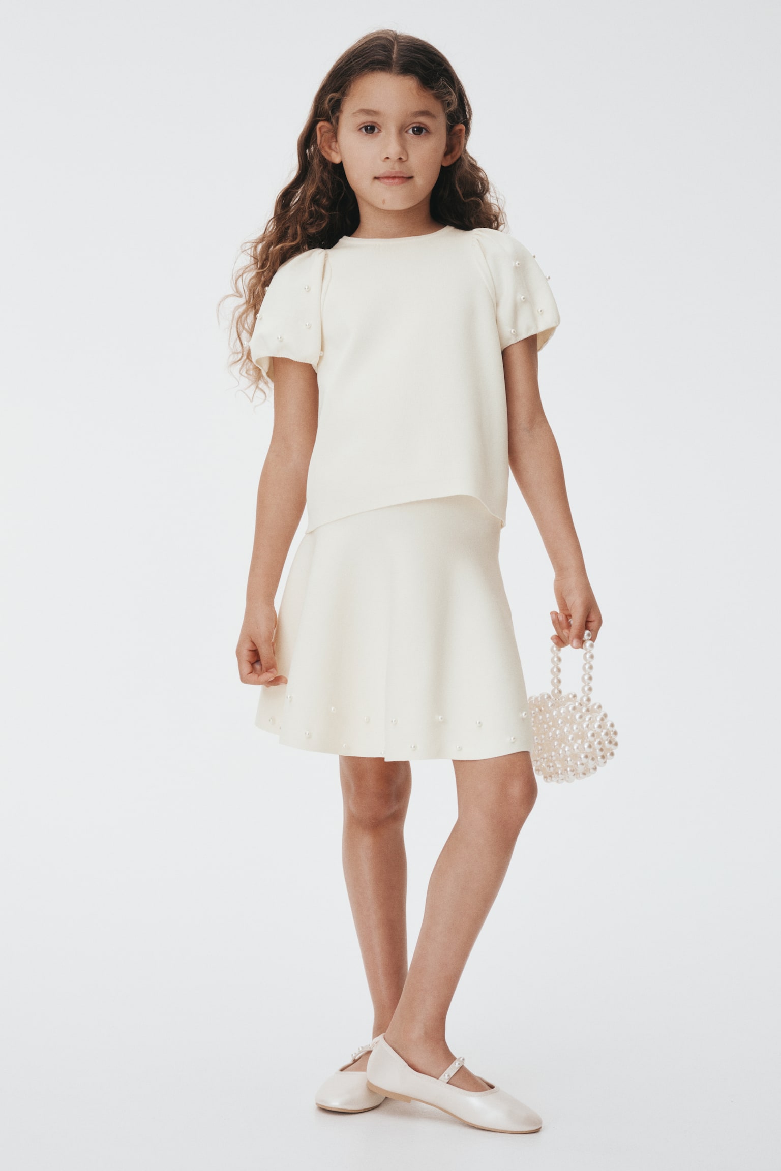 חצאית מסריג דק עם חרוזים - לבן/ורוד בהיר - 1