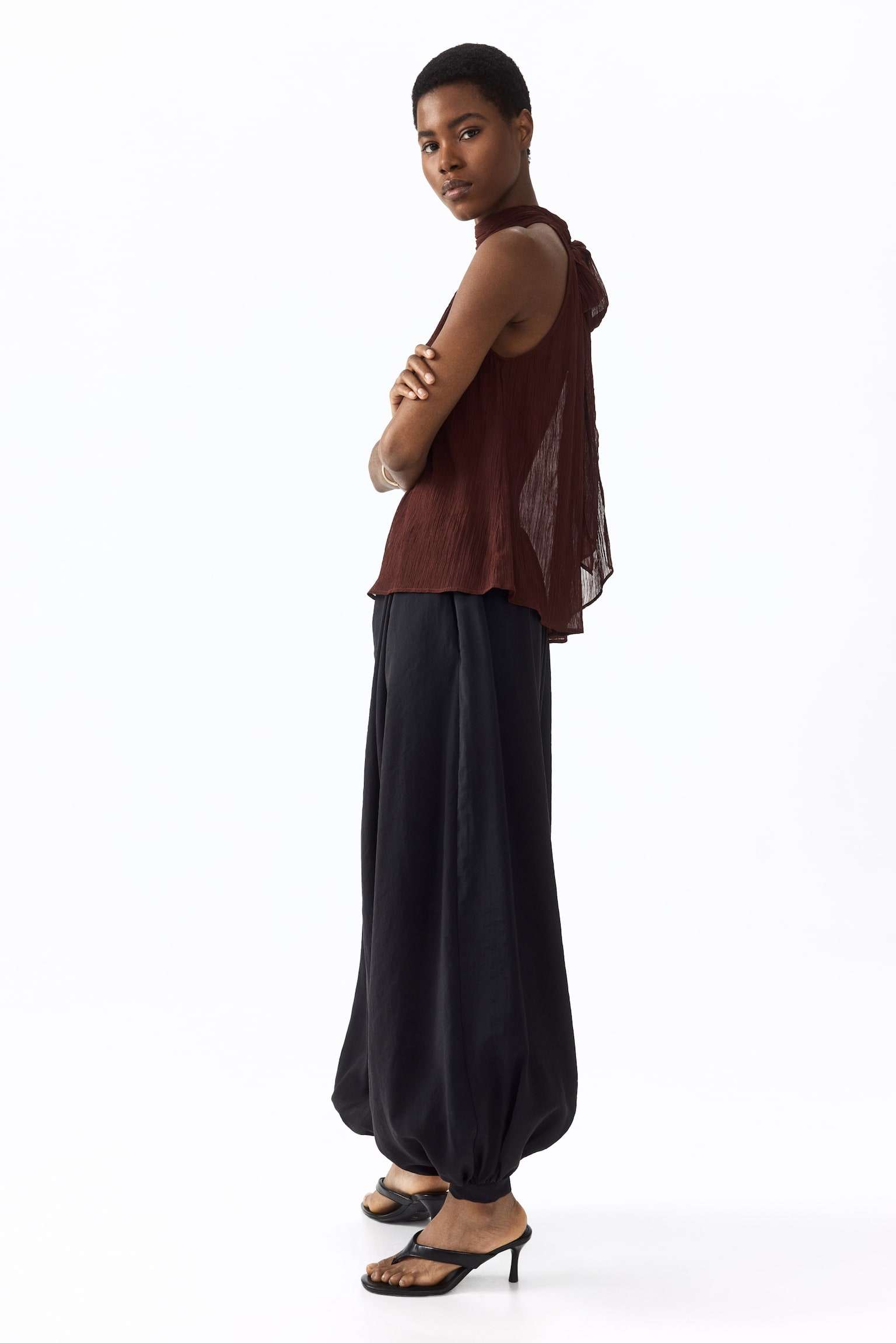 Scarf-collar chiffon top - Dark brown/Light beige/Leopard print - 3