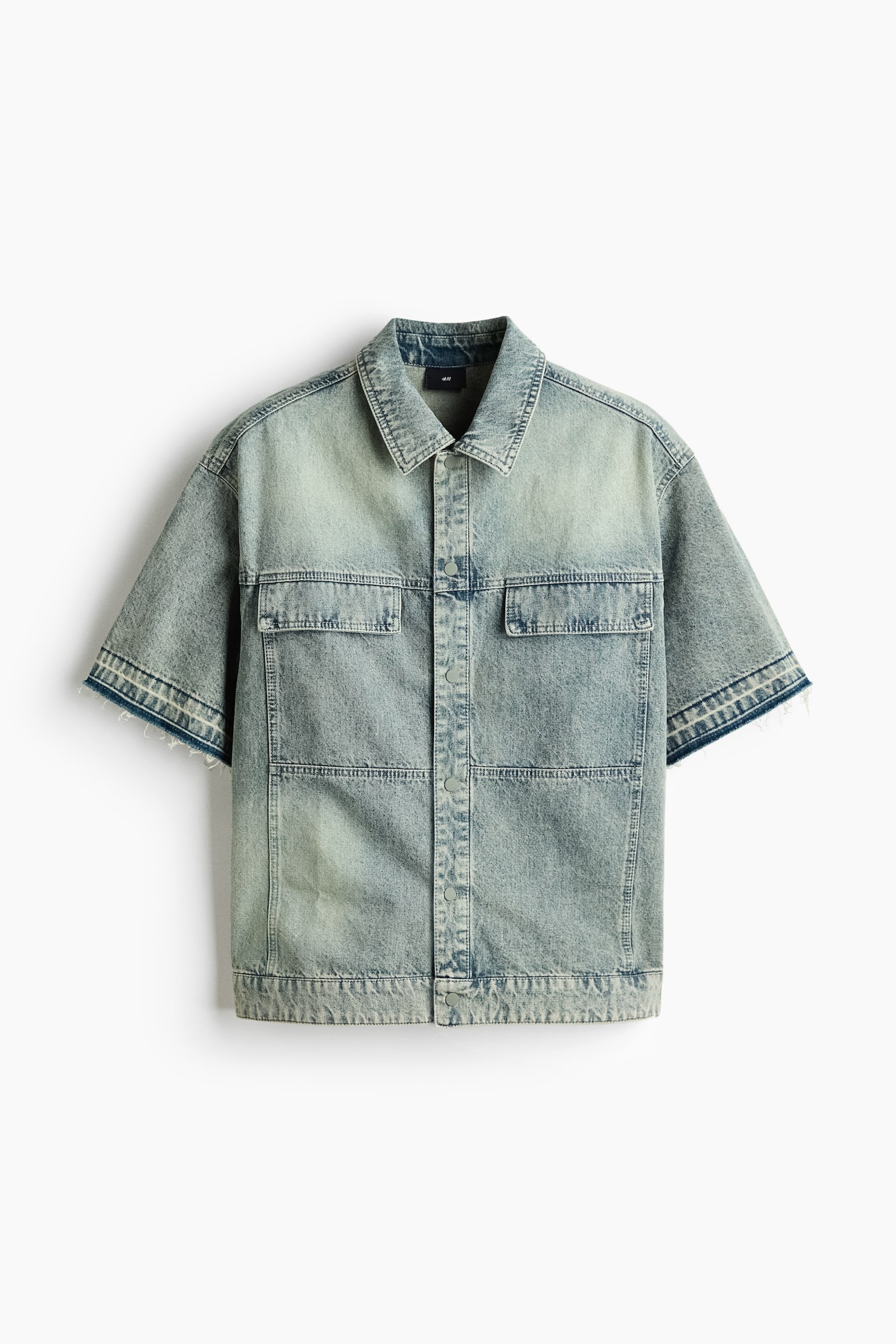 Áo sơ mi denim ngắn tay Loose Fit - Màu xanh denim khói/Màu đen - 1