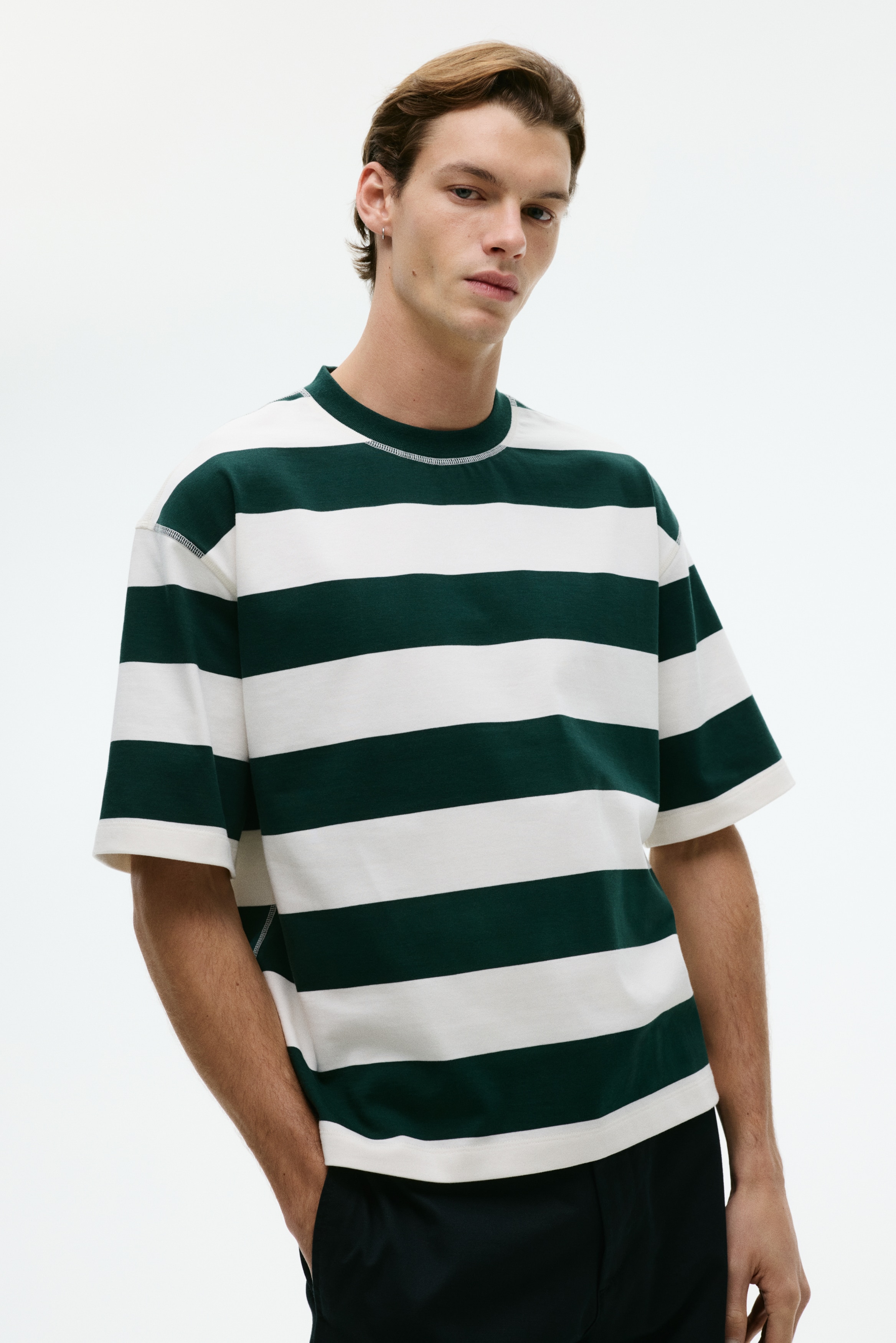 Playera Oversized Fit - Verde oscuro/Rayado/Café oscuro/Rayado