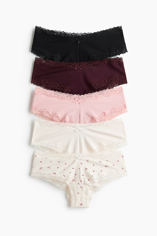 5er-Pack Hipster aus Baumwolle und Spitze - Schwarz/Weinrot/Hellrosa/Beige/Cremefarben/Marineblau/Geblümt/Hellrosa/Hellgraumeliert/Marineblau/Blumen/Weiß/Geblümt/Hellgelb/Geblümt - 1