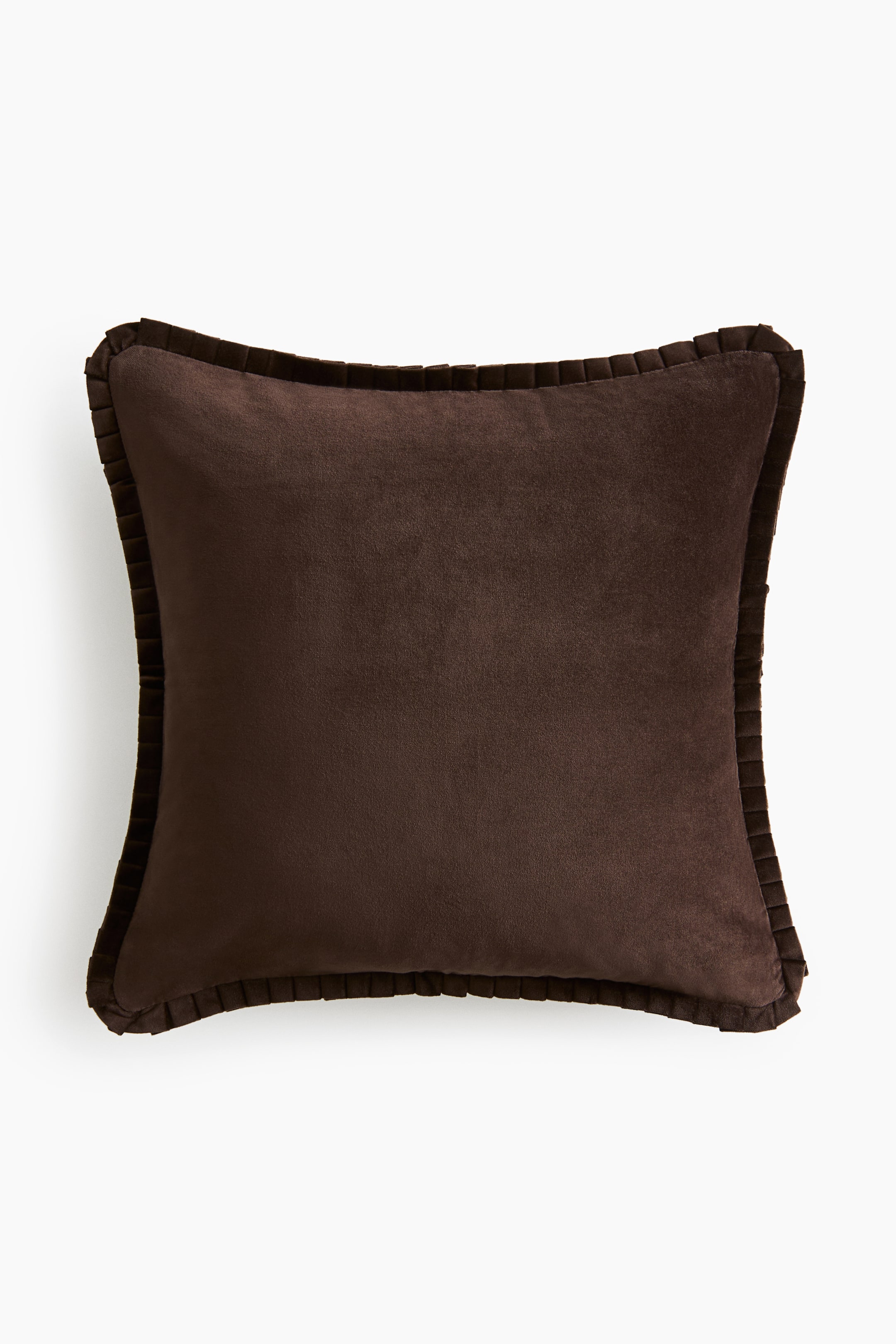 View larger image: A square, dark brown decorative pillow is shown from the front, featuring a soft, suede-like texture. A matching pleated ruffle trim borders the entire outer edge of the pillow.