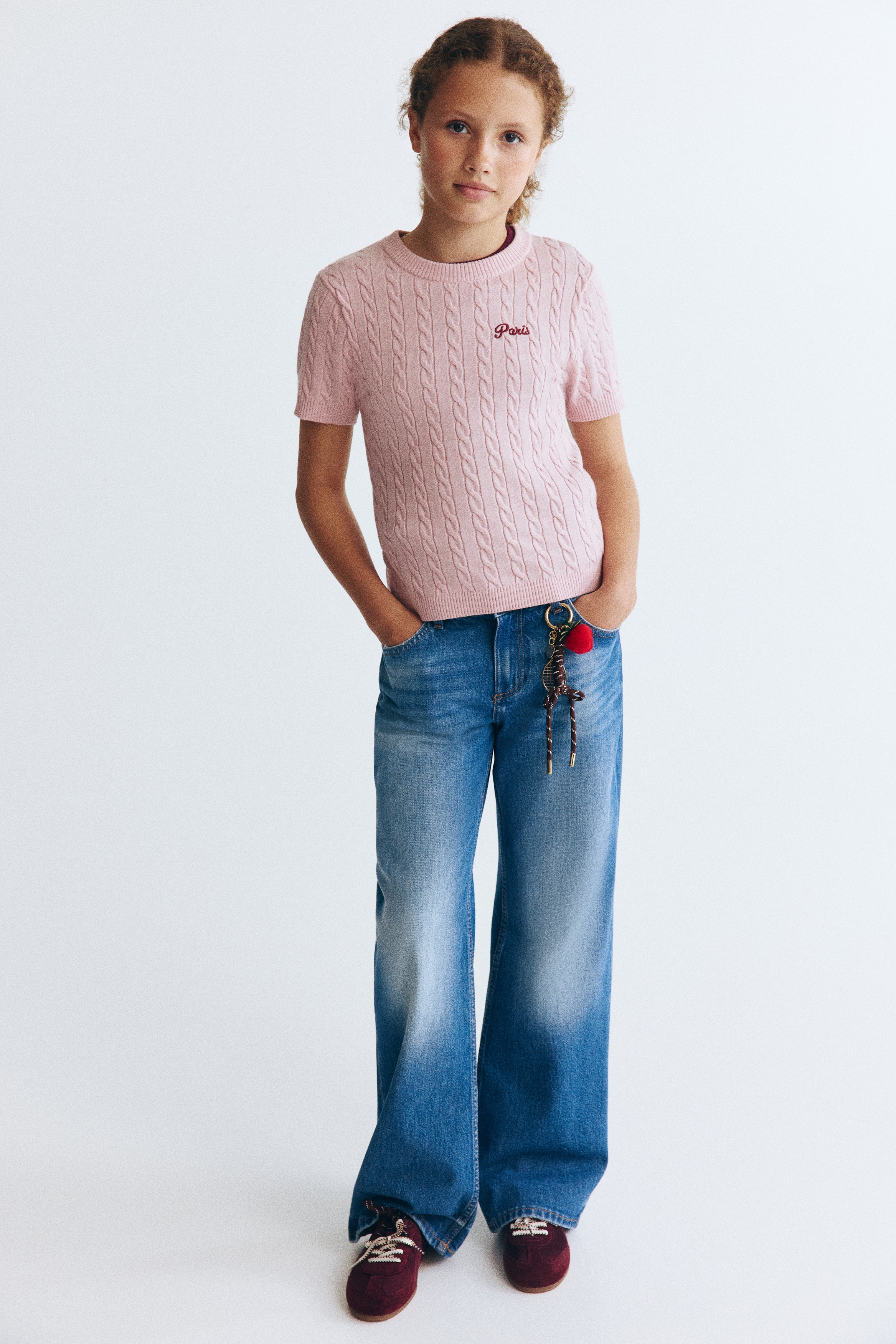 Kabelstrikket T-shirt - Lys rosa/Paris/Creme/Stribet