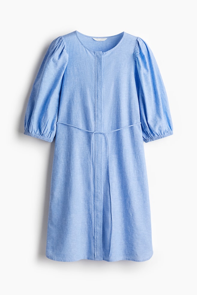 Linen-blend dress - Blue melange/Brown/leopard print/White/blue striped - 1