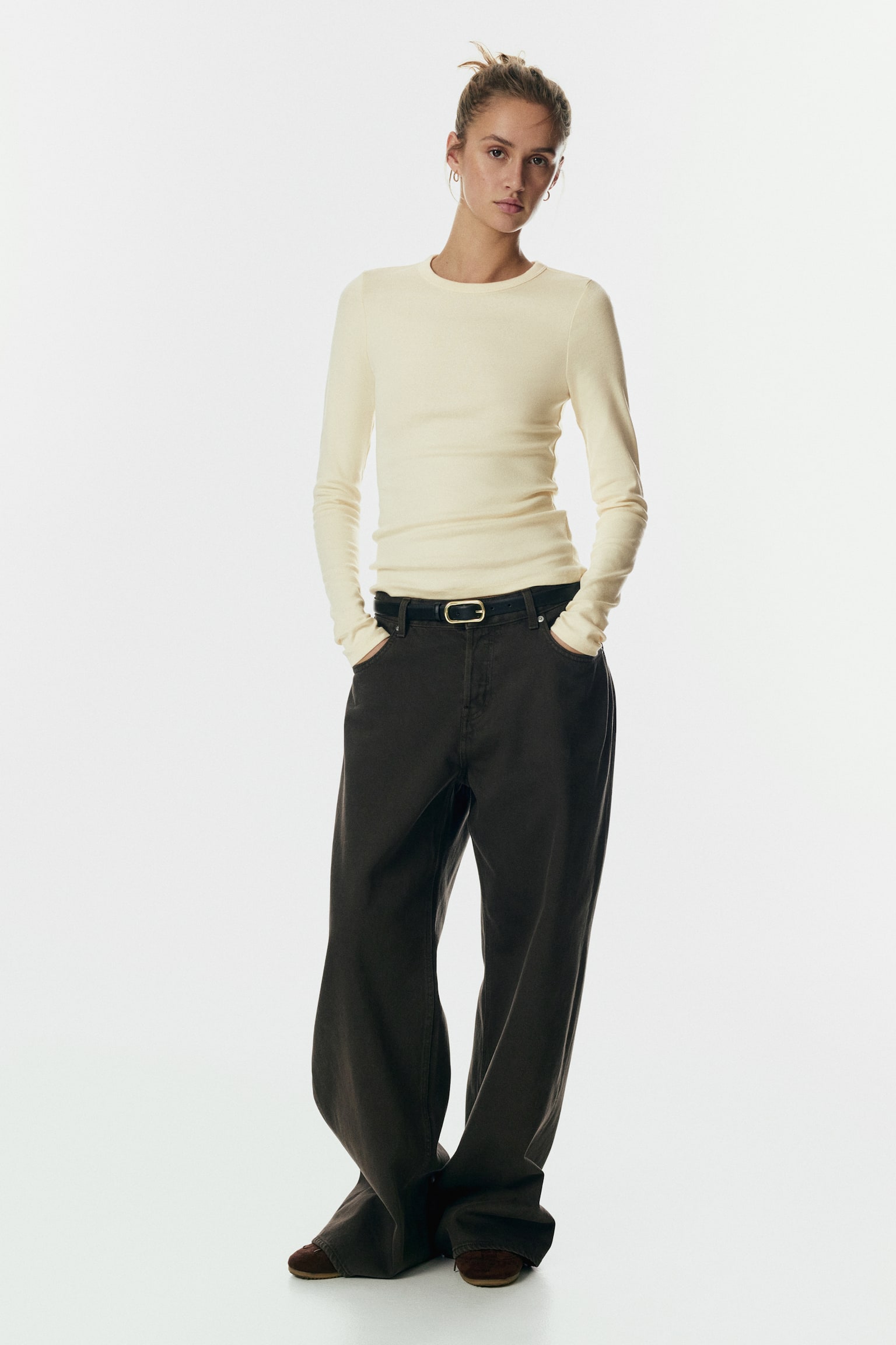 長袖平紋上衣 - 淺黃色/深大地色/深咖啡色/海軍藍/黑色/深咖啡色/白色/白色/淺粉紅色/藍灰色/灰咖啡色 - 4