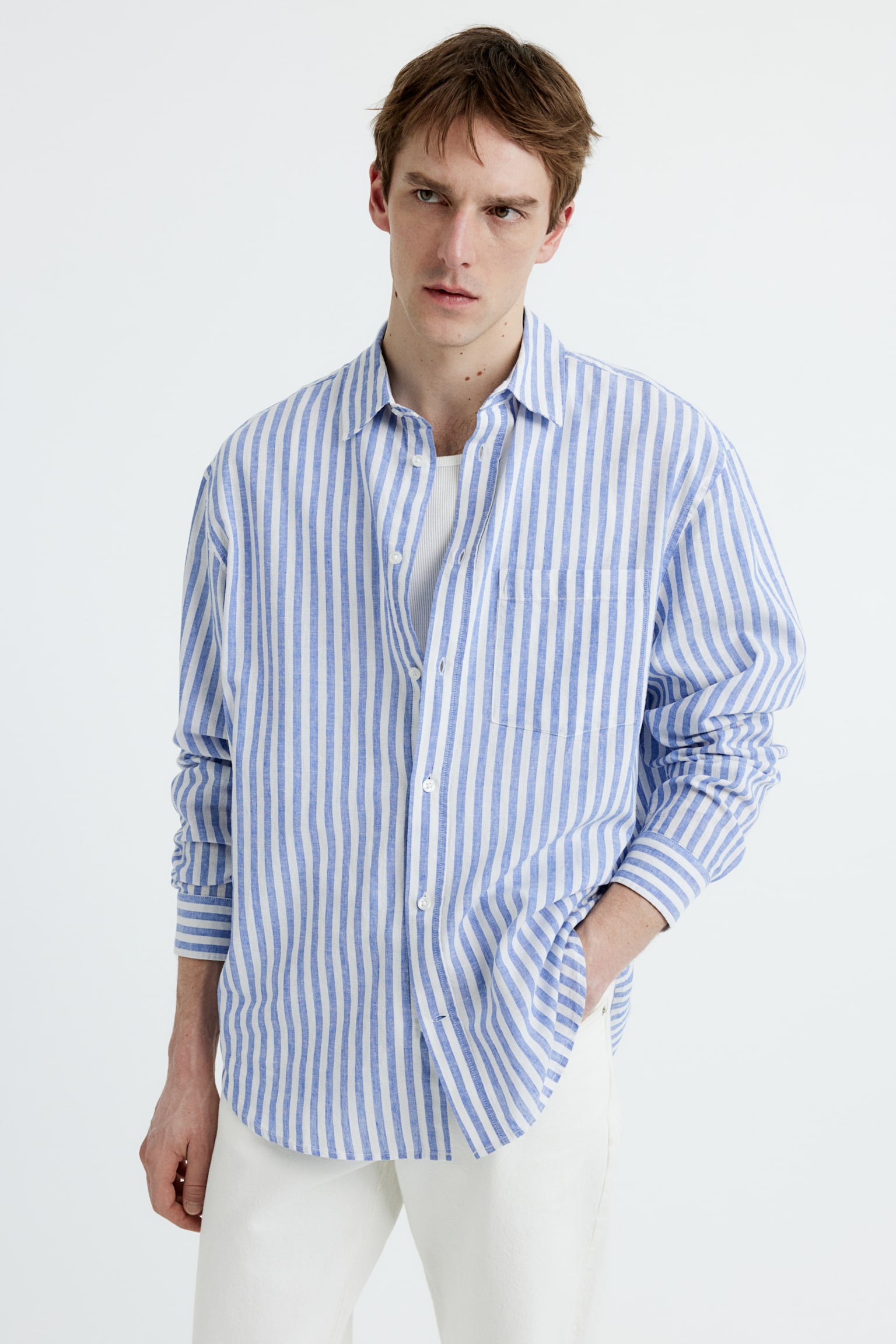 Relaxed Fit Linen Blend Shirt - Light blue/White stripe/Khaki green/Stripe/White/Light blue/Beige - 6